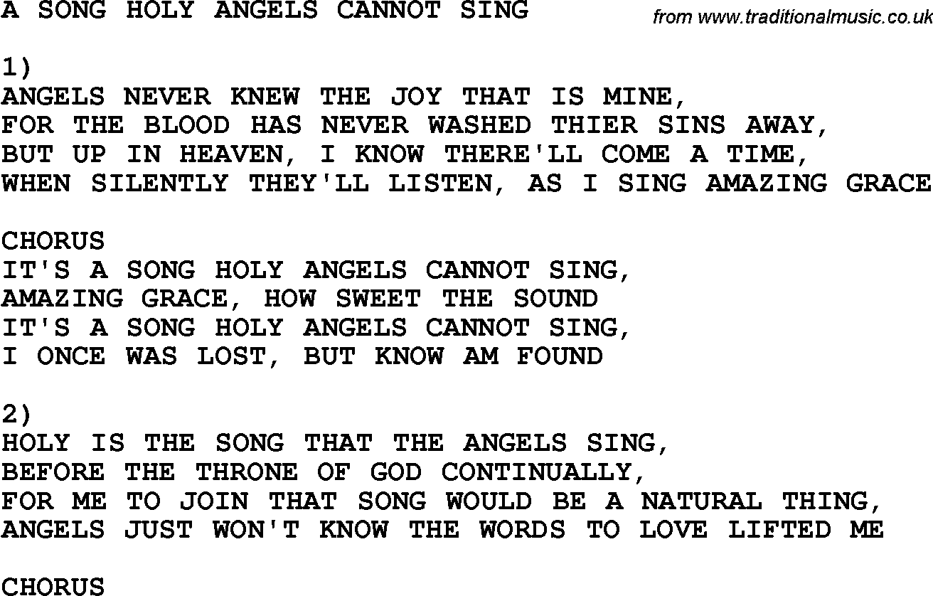 Country, Southern and Bluegrass Gospel Song A Song Holy Angels Cannot Sing lyrics 