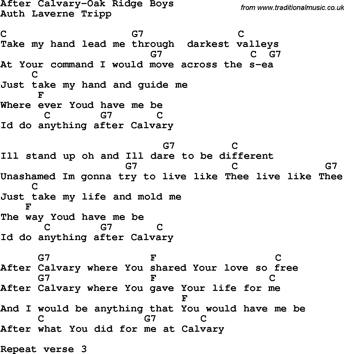 Country, Southern and Bluegrass Gospel Song After Calvary-Oak Ridge Boys lyrics and chords