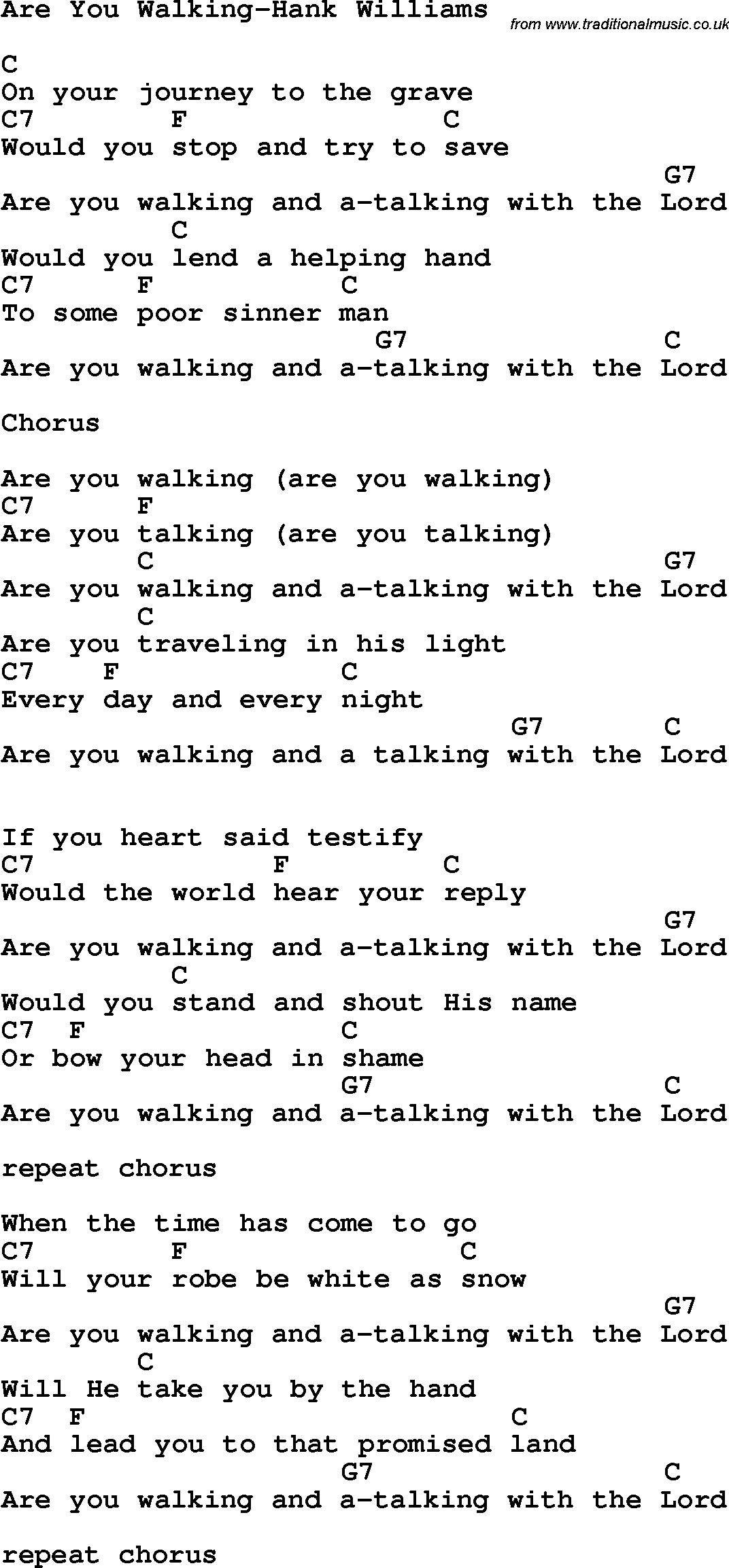 Country, Southern and Bluegrass Gospel Song Are You Walking-Hank Williams lyrics and chords