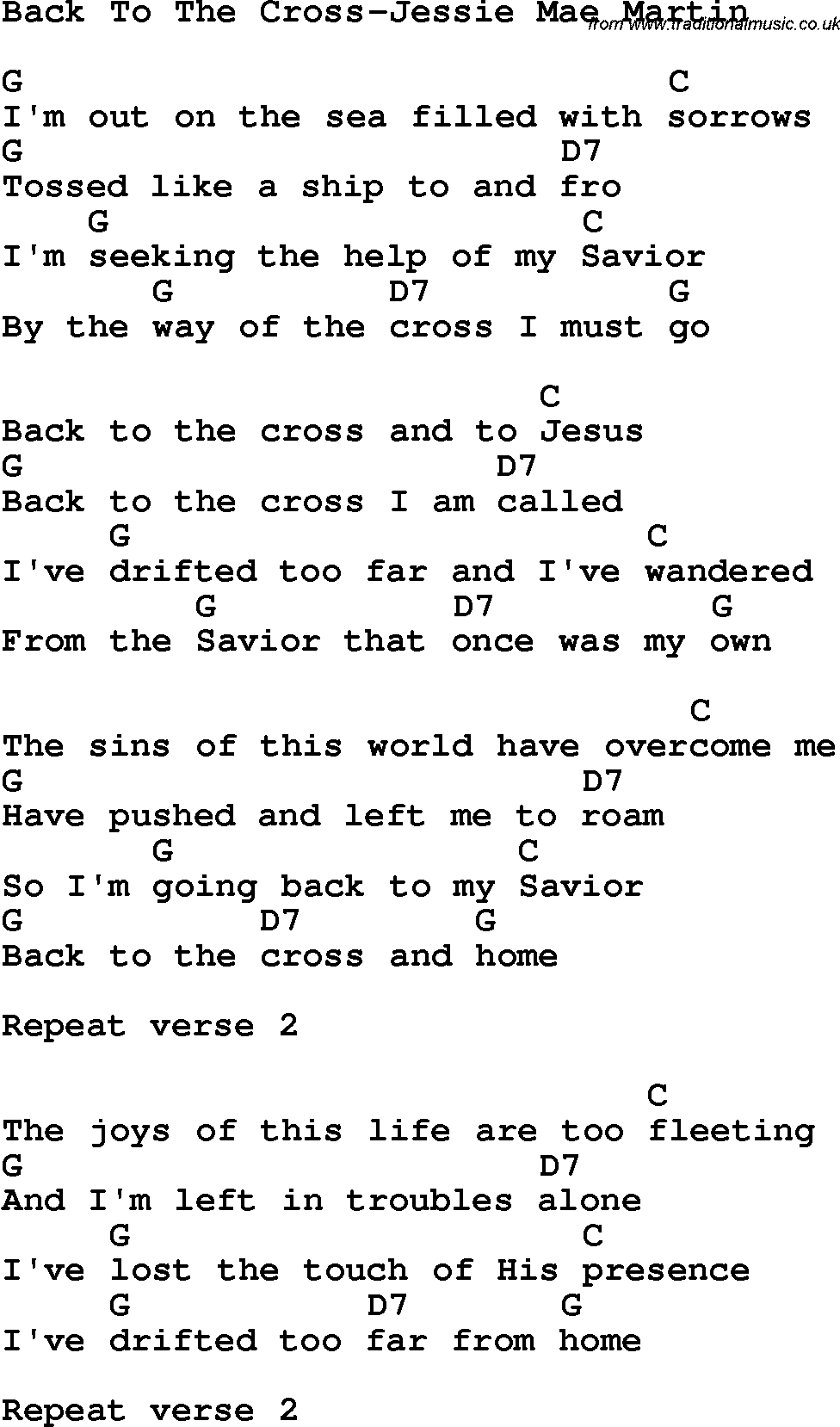 Country, Southern and Bluegrass Gospel Song Back To The Cross-Jessie Mae Martin lyrics and chords