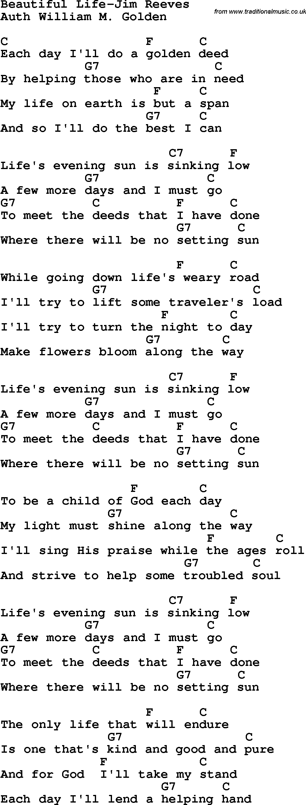 Country, Southern and Bluegrass Gospel Song Beautiful Life-Jim Reeves lyrics and chords