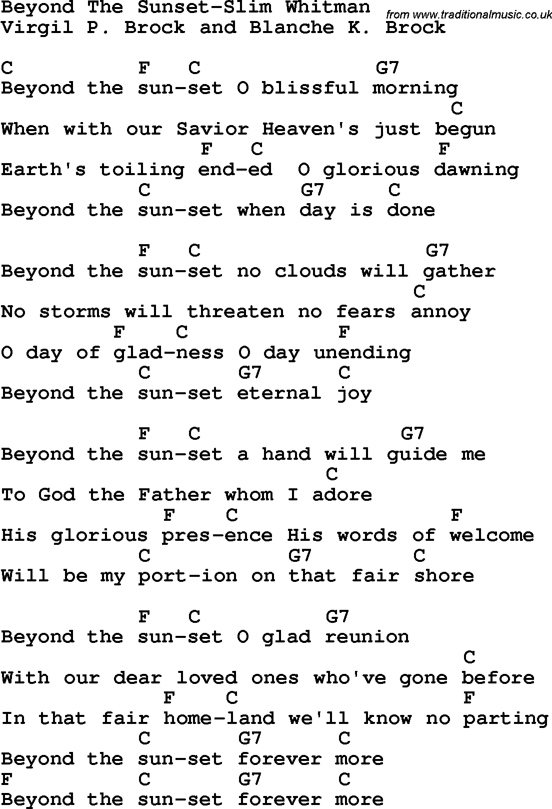Country, Southern and Bluegrass Gospel Song Beyond The Sunset-Slim Whitman lyrics and chords