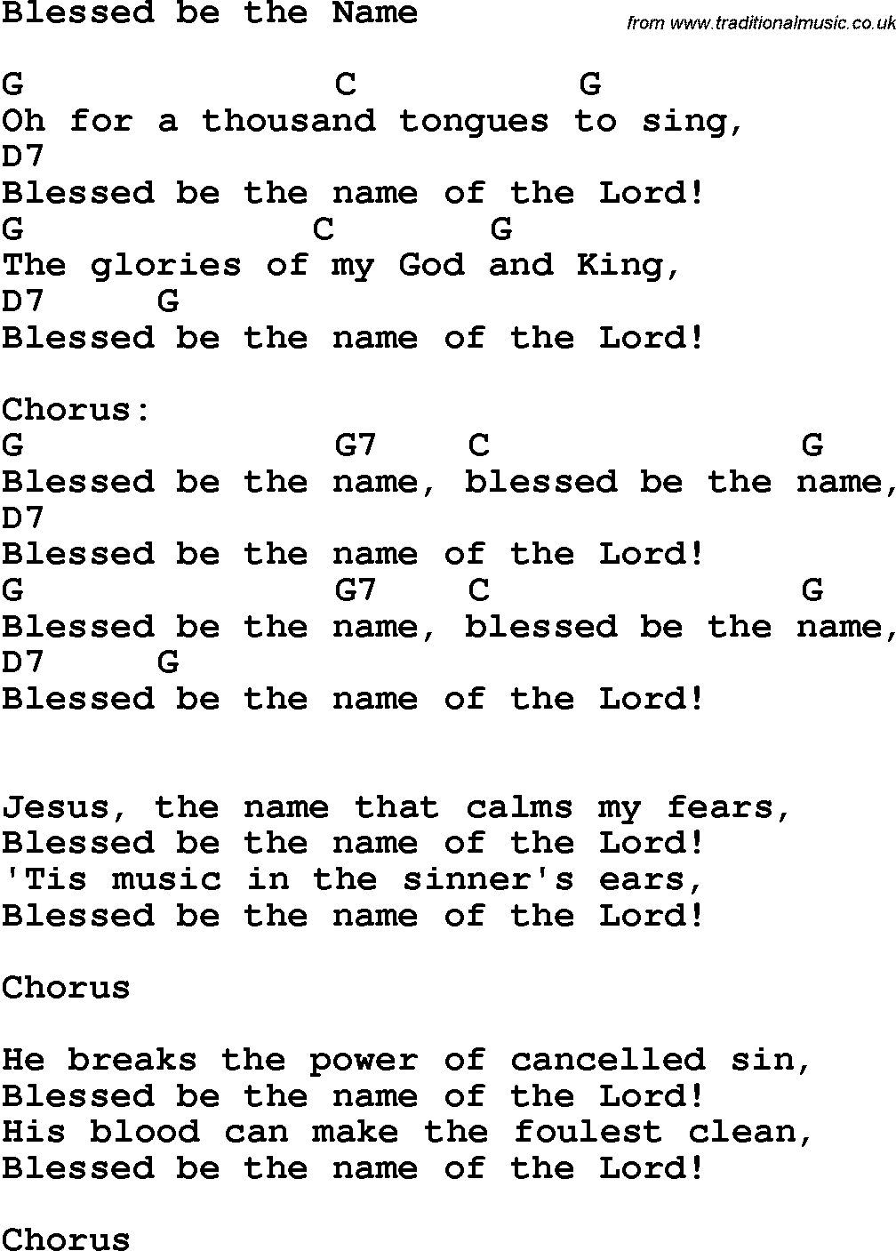 Country, Southern and Bluegrass Gospel Song Blessed Be The Name lyrics 