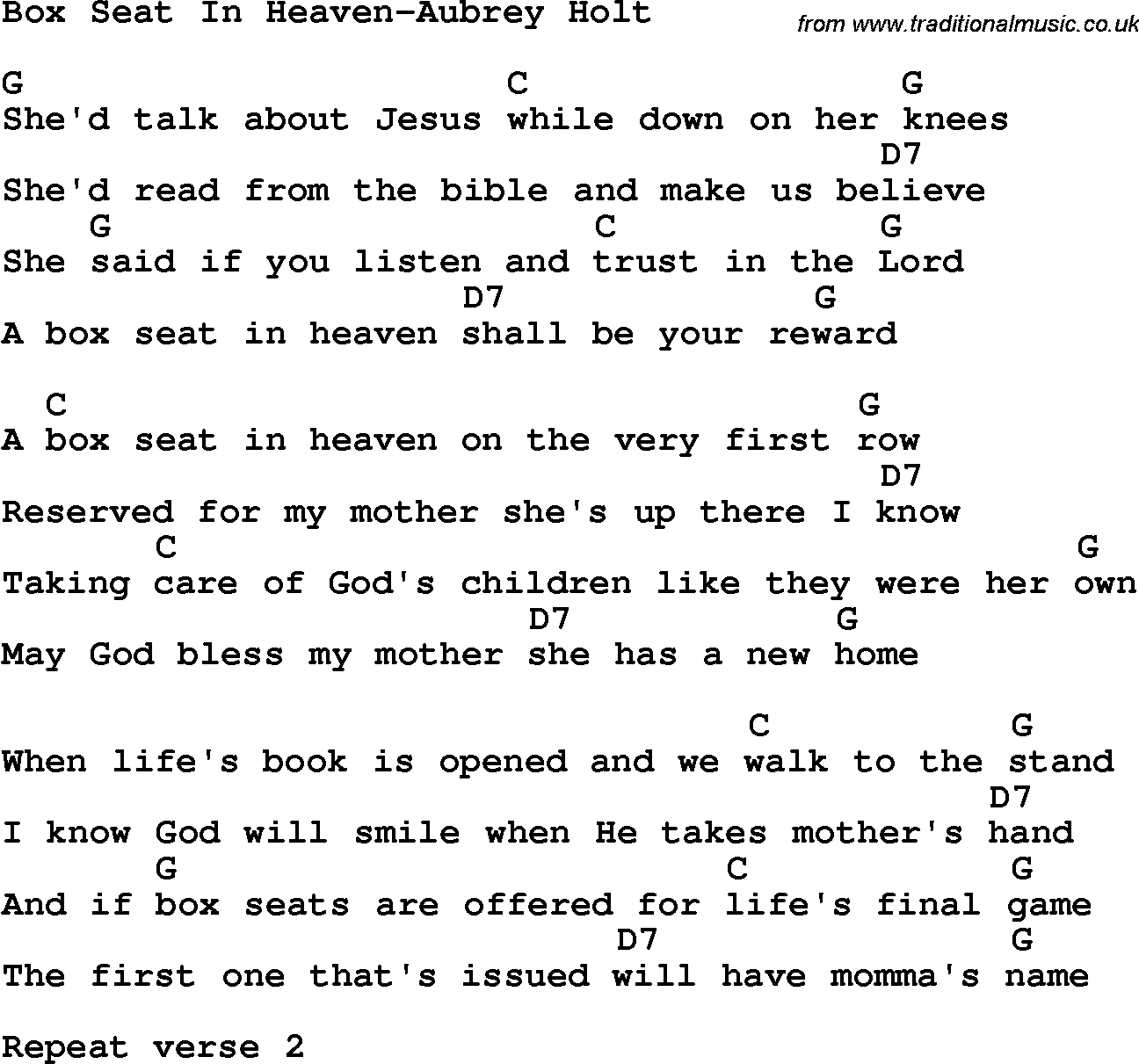 Country, Southern and Bluegrass Gospel Song Box Seat In Heaven-Aubrey Holt lyrics and chords