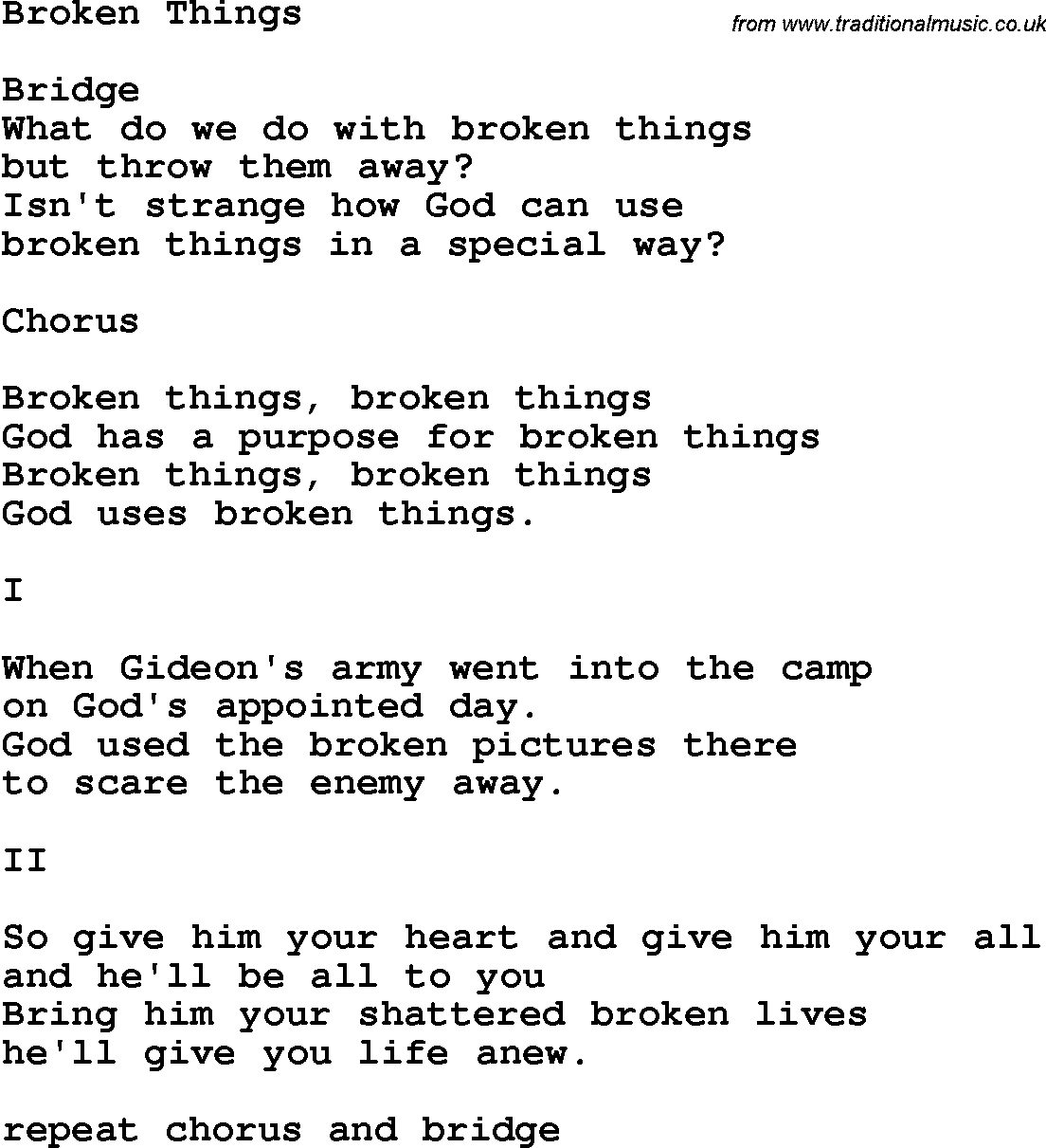 Country, Southern and Bluegrass Gospel Song Broken Things lyrics 