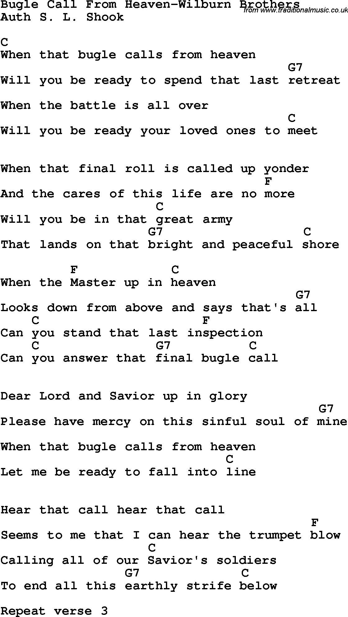 Country, Southern and Bluegrass Gospel Song Bugle Call From Heaven-Wilburn Brothers lyrics and chords