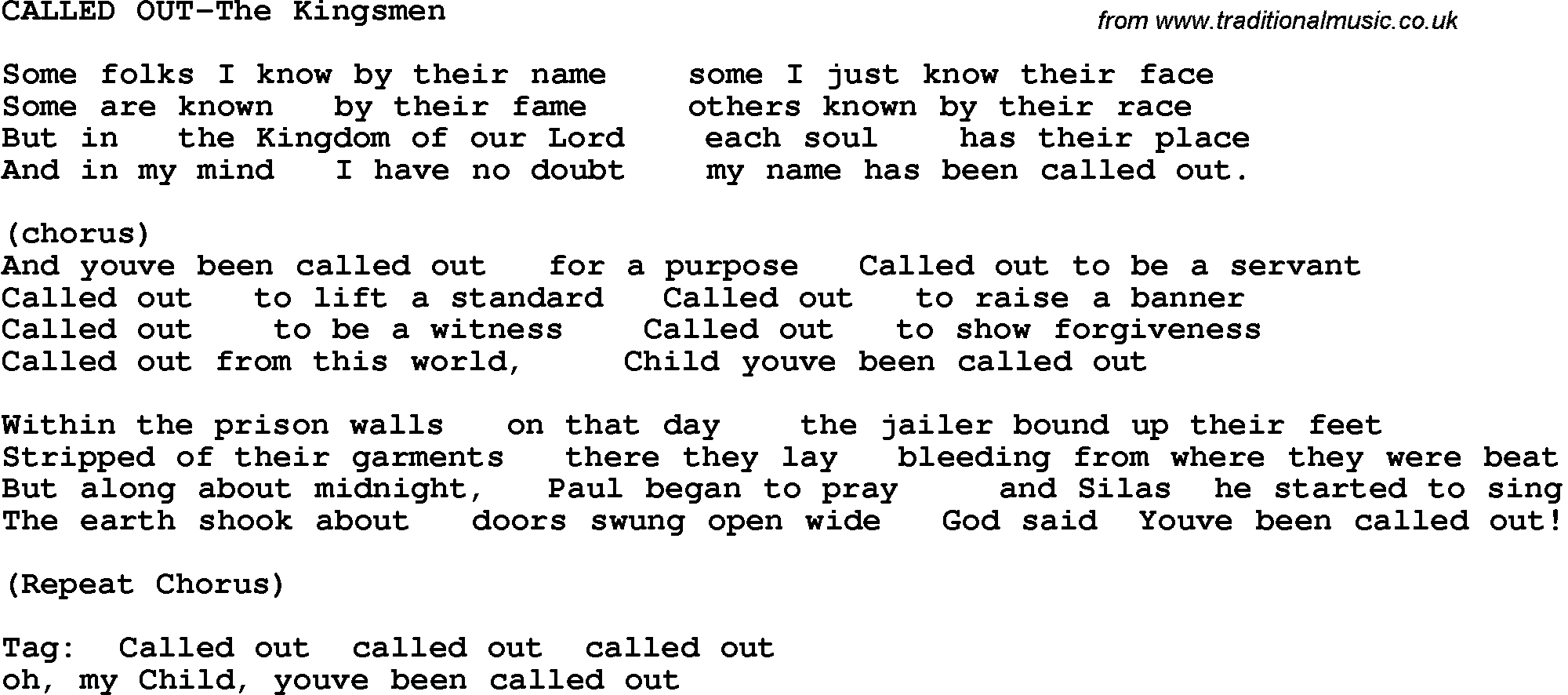 Country, Southern and Bluegrass Gospel Song Called Out-The Kingsmen lyrics 
