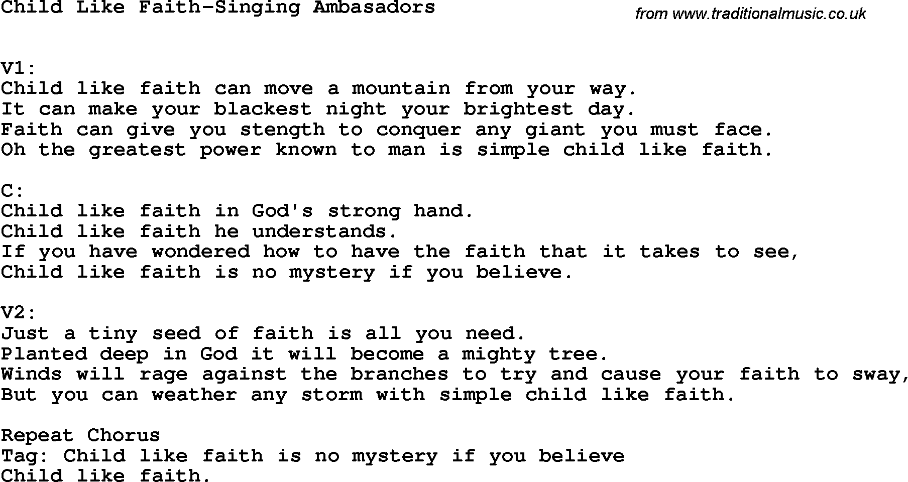 Country, Southern and Bluegrass Gospel Song Child Like Faith-Singing Ambasadors lyrics 