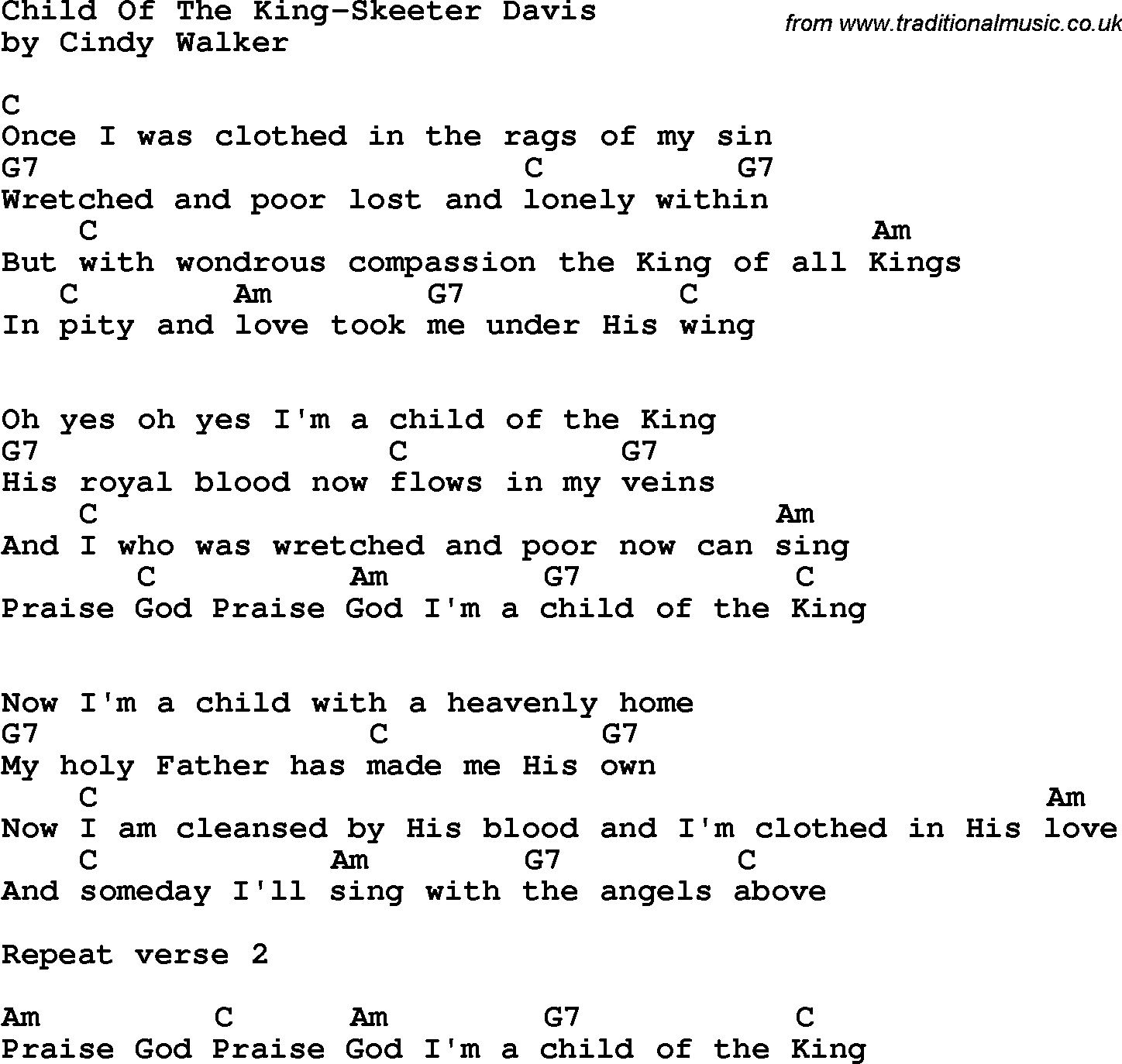 Country, Southern and Bluegrass Gospel Song Child Of The King-Skeeter Davis lyrics and chords