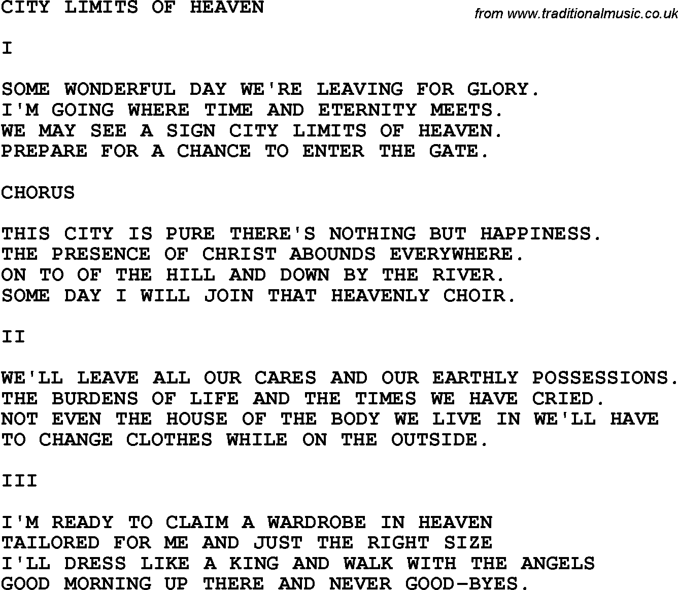 Country, Southern and Bluegrass Gospel Song City Limits Of Heaven lyrics 
