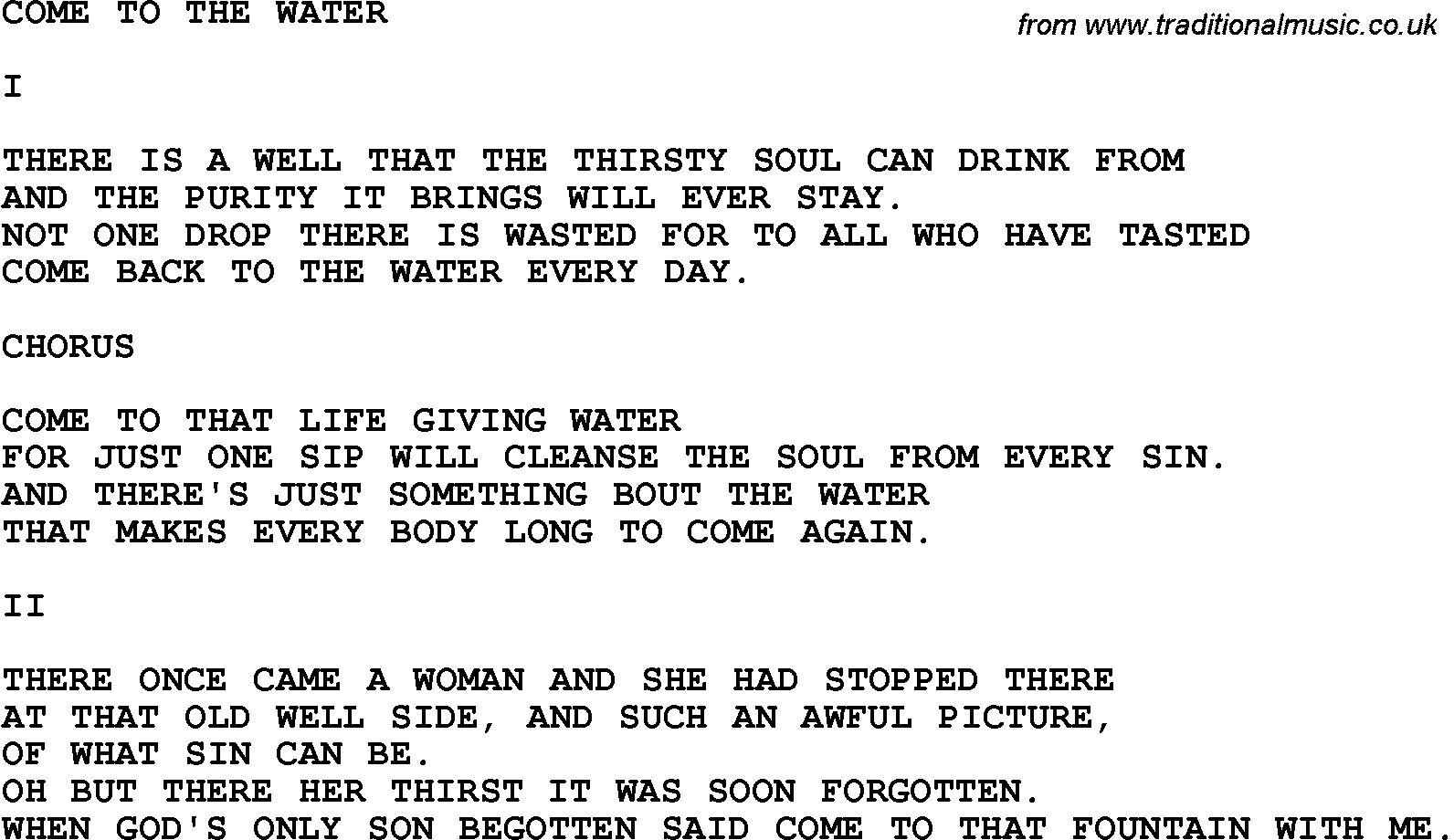 Country, Southern and Bluegrass Gospel Song Come To The Water lyrics 