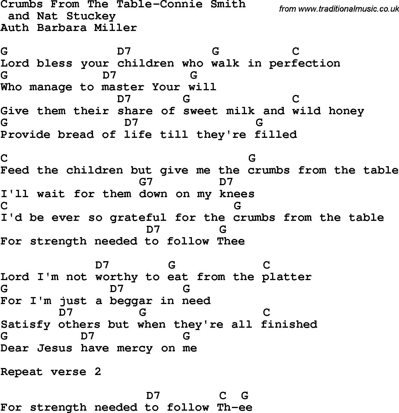 Country, Southern and Bluegrass Gospel Song Crumbs From The Table-Connie Smith lyrics and chords