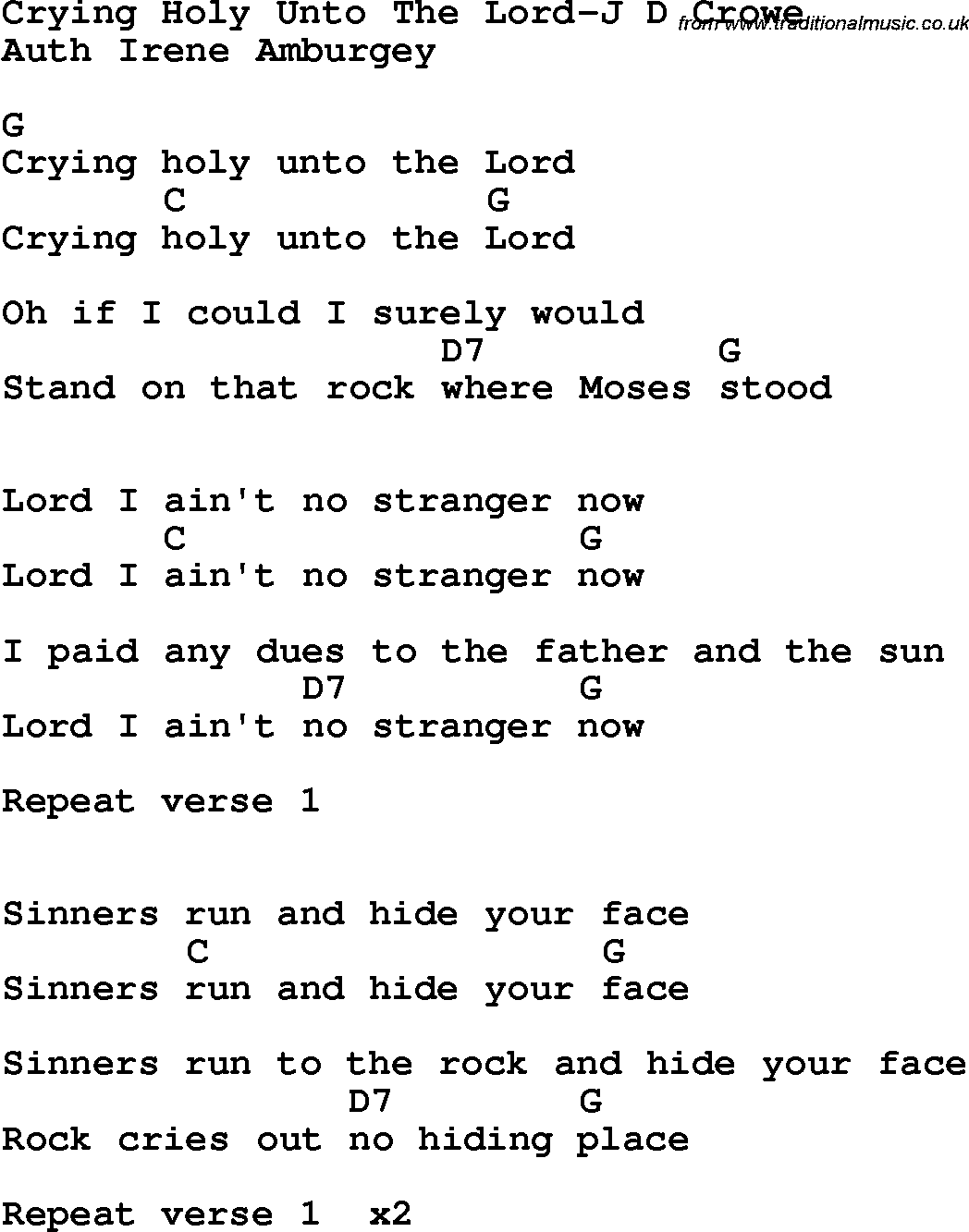 Country, Southern and Bluegrass Gospel Song Crying Holy Unto The Lord-J D Crowe lyrics and chords