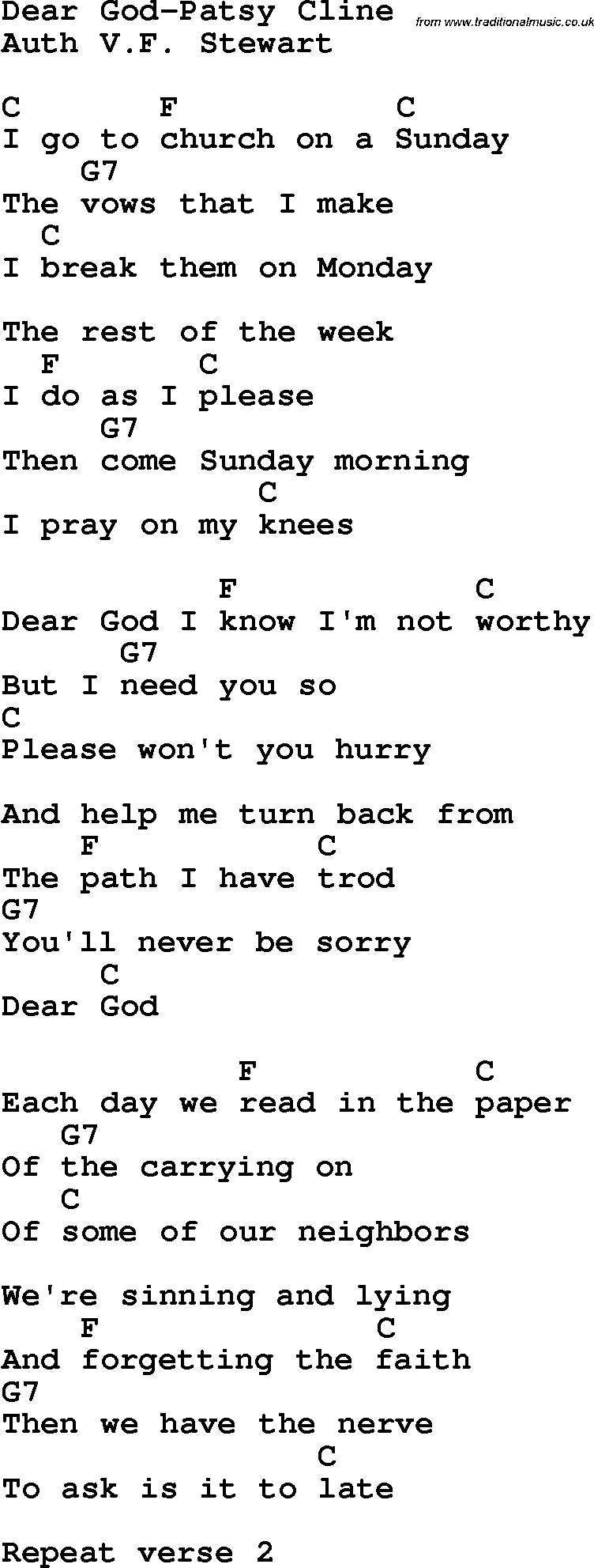 Country, Southern and Bluegrass Gospel Song Dear God-Patsy Cline lyrics and chords