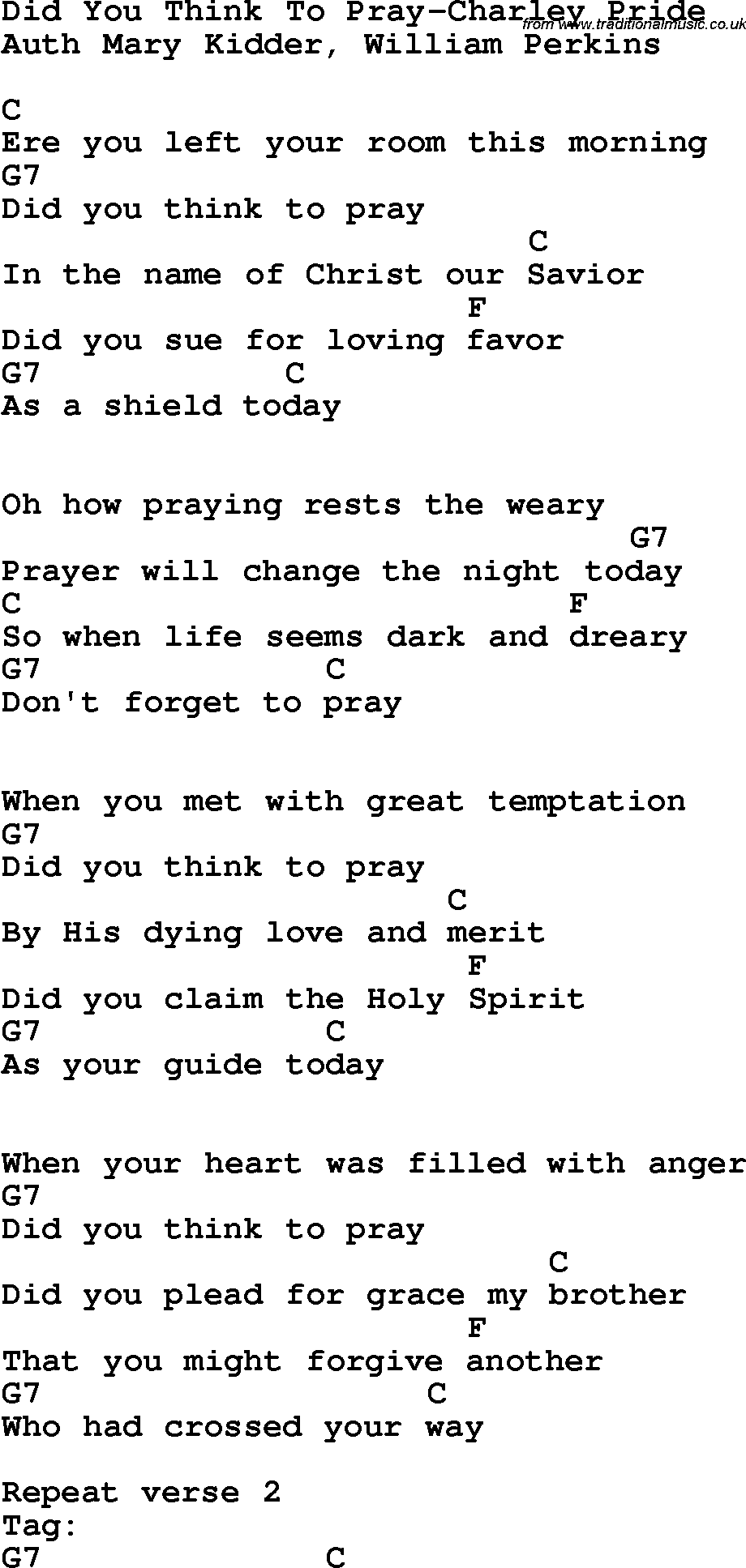 Country, Southern and Bluegrass Gospel Song Did You Think To Pray-Charley Pride lyrics and chords