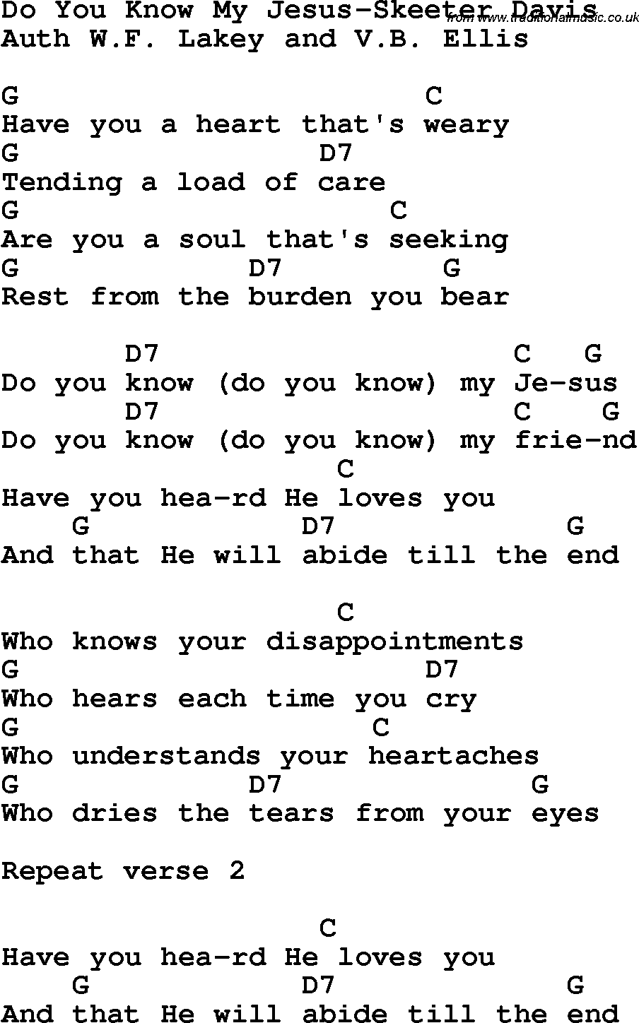 Country, Southern and Bluegrass Gospel Song Do You Know My Jesus-Skeeter Davis lyrics and chords
