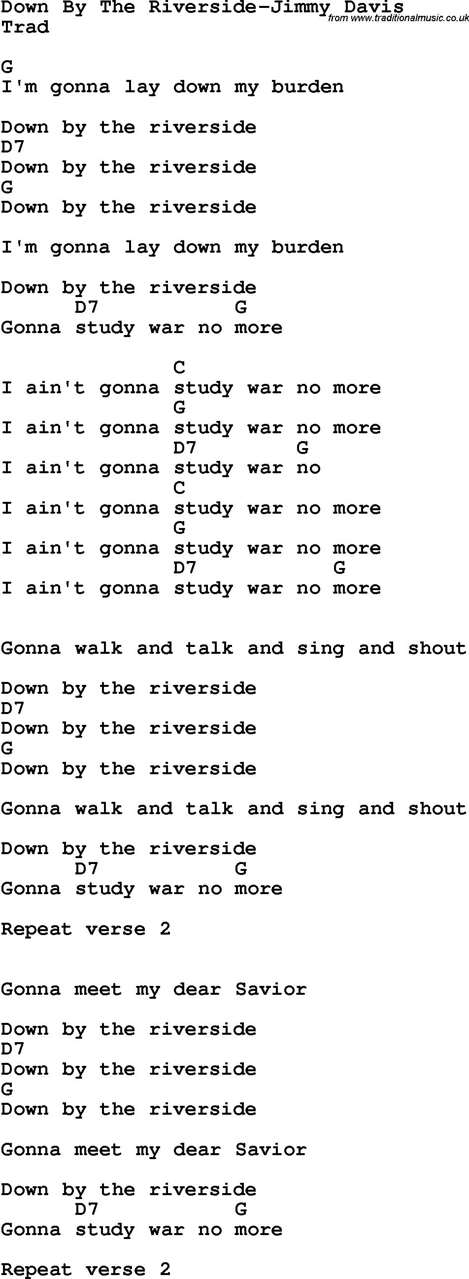 Country, Southern and Bluegrass Gospel Song Down By The Riverside-Jimmy Davis lyrics and chords