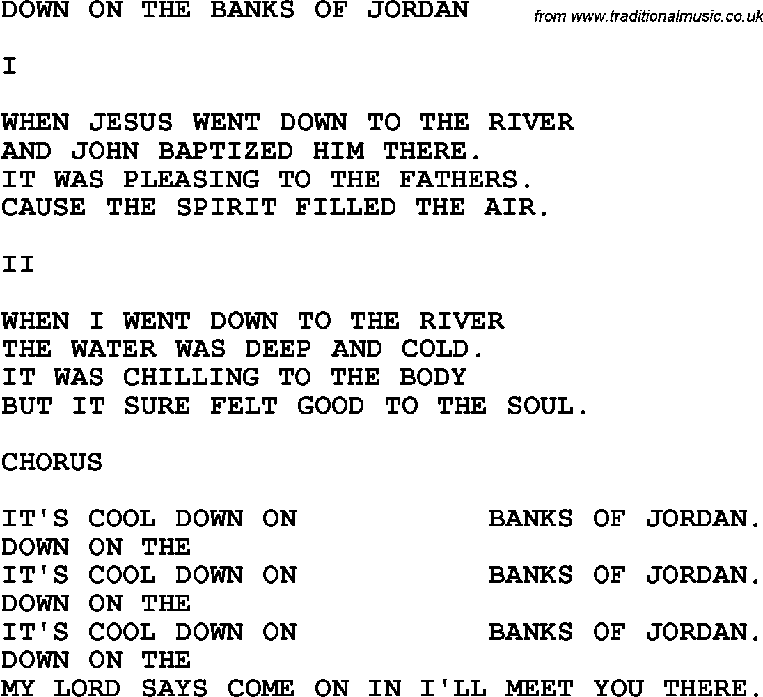 Country, Southern and Bluegrass Gospel Song Down On The Banks Of Jordan lyrics 