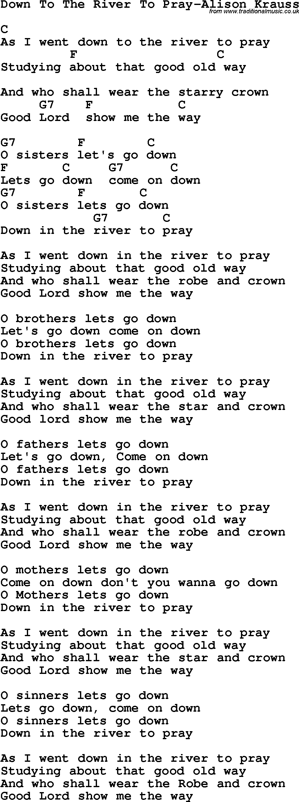 Country, Southern and Bluegrass Gospel Song Down To The River To Pray-Alison Krauss lyrics and chords
