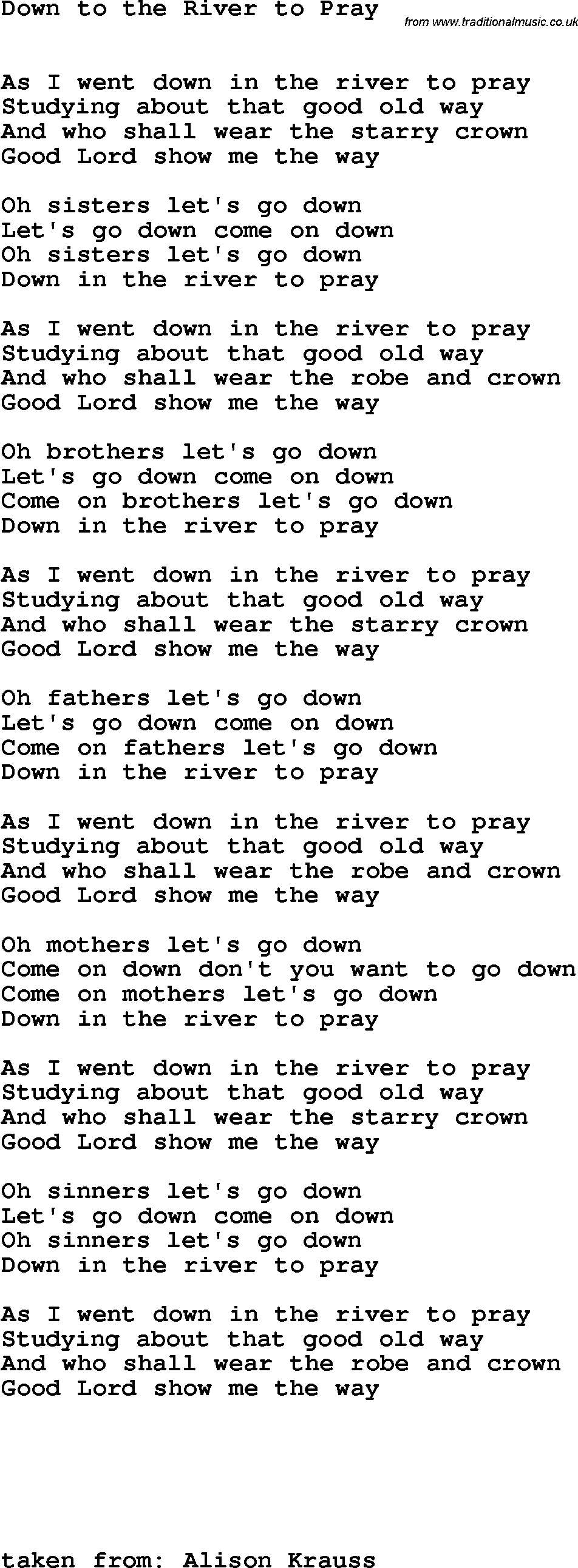 Country, Southern and Bluegrass Gospel Song Down To The River To Pray lyrics 