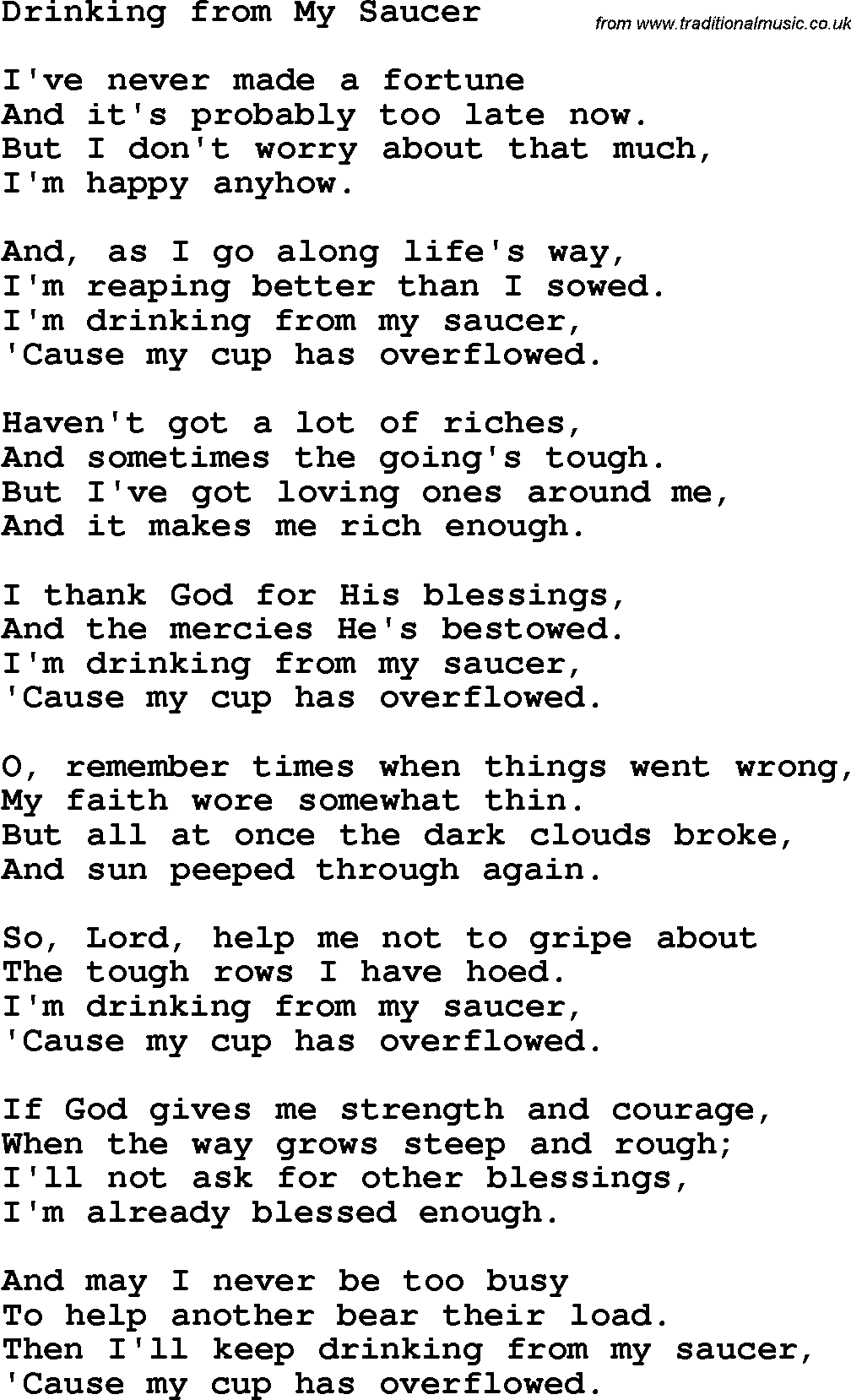 Country, Southern and Bluegrass Gospel Song Drinking From My Saucer lyrics 