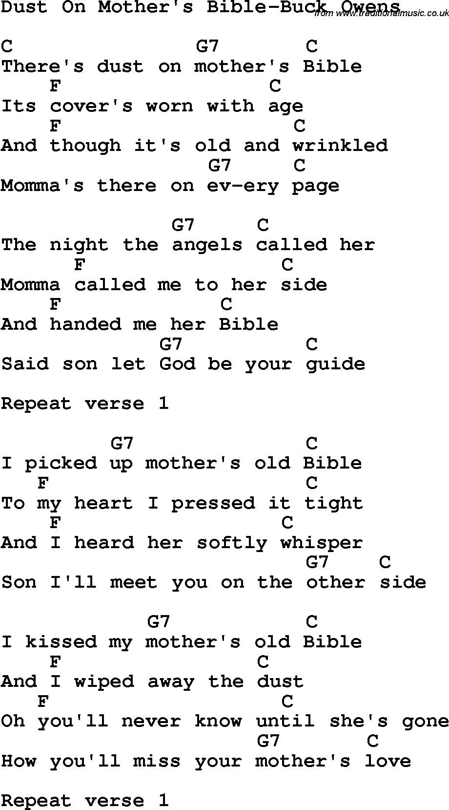 Country, Southern and Bluegrass Gospel Song Dust On Mother's Bible-Buck Owens lyrics and chords