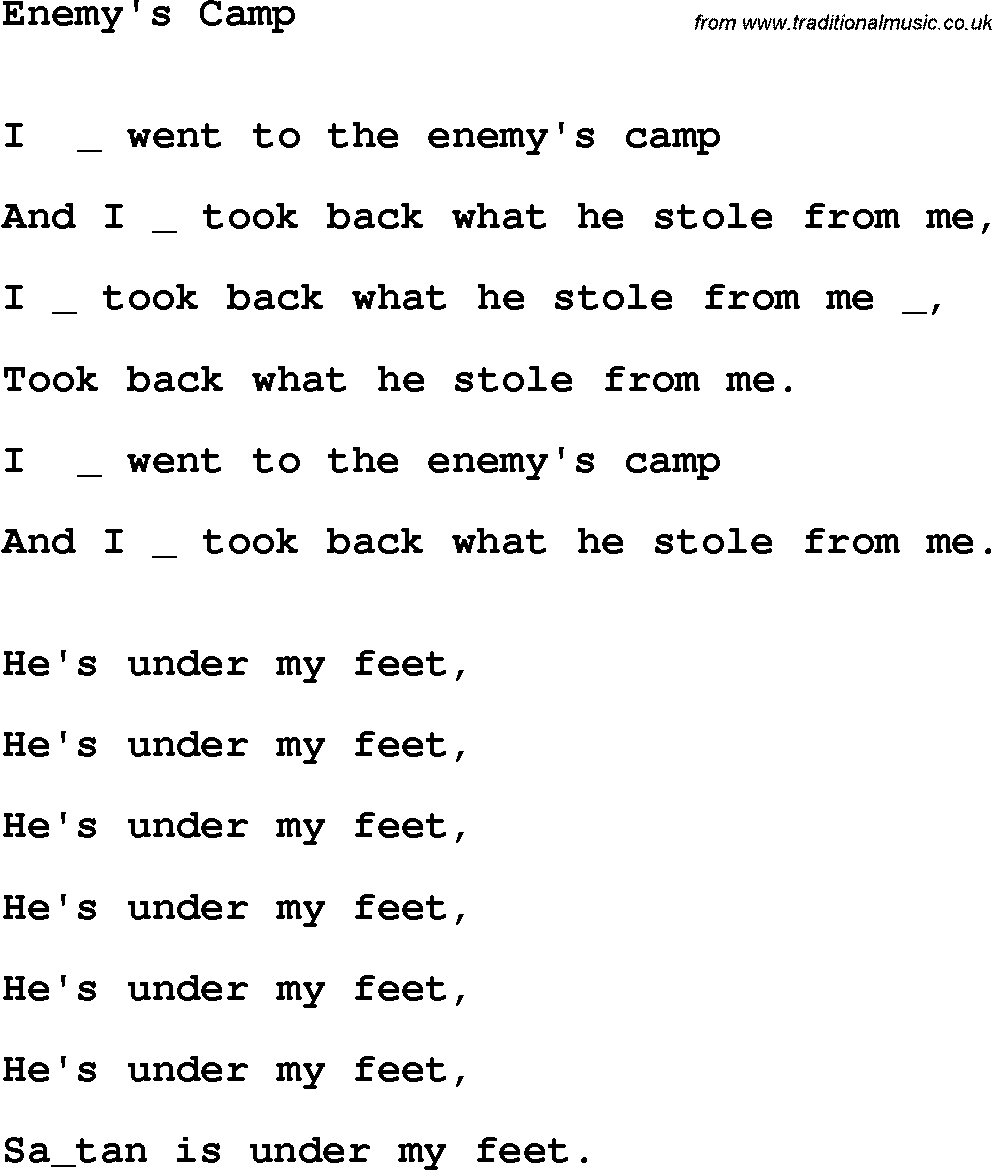 Country, Southern and Bluegrass Gospel Song Enemy's Camp lyrics 