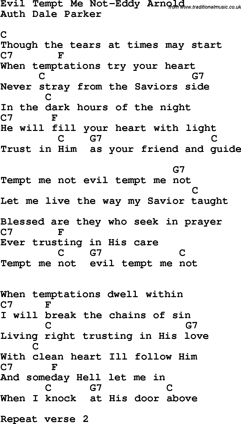Country, Southern and Bluegrass Gospel Song Evil Tempt Me Not-Eddy Arnold lyrics and chords