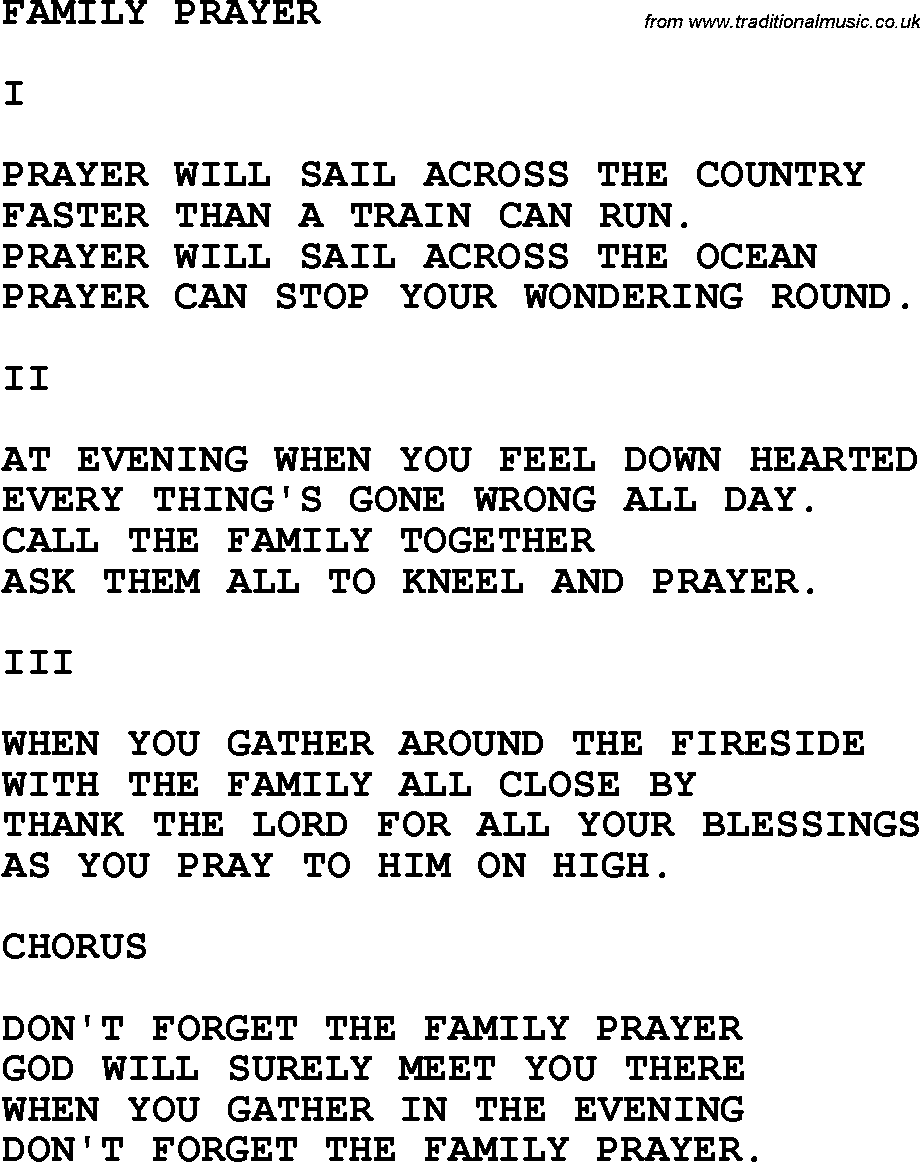 Country, Southern and Bluegrass Gospel Song Family Prayer lyrics 