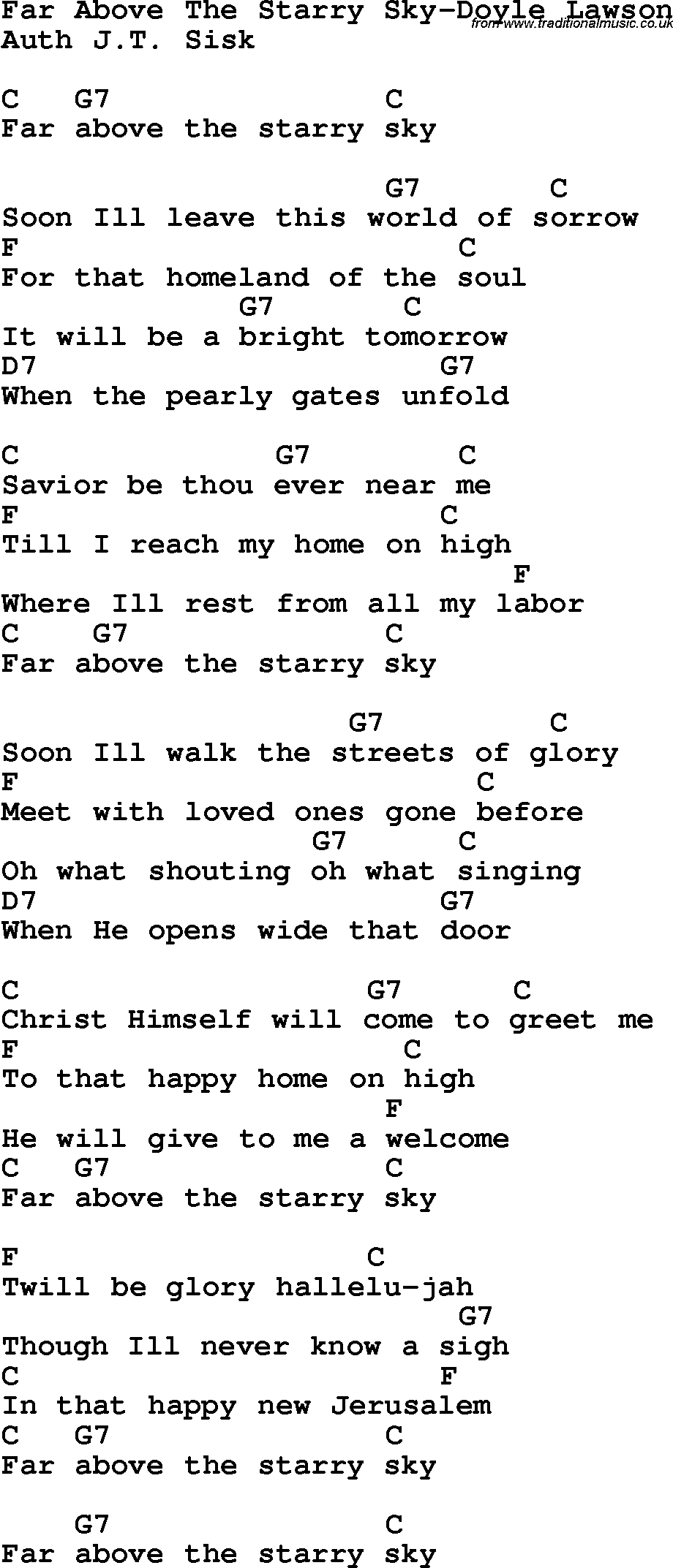 Country, Southern and Bluegrass Gospel Song Far Above The Starry Sky-Doyle Lawson lyrics and chords