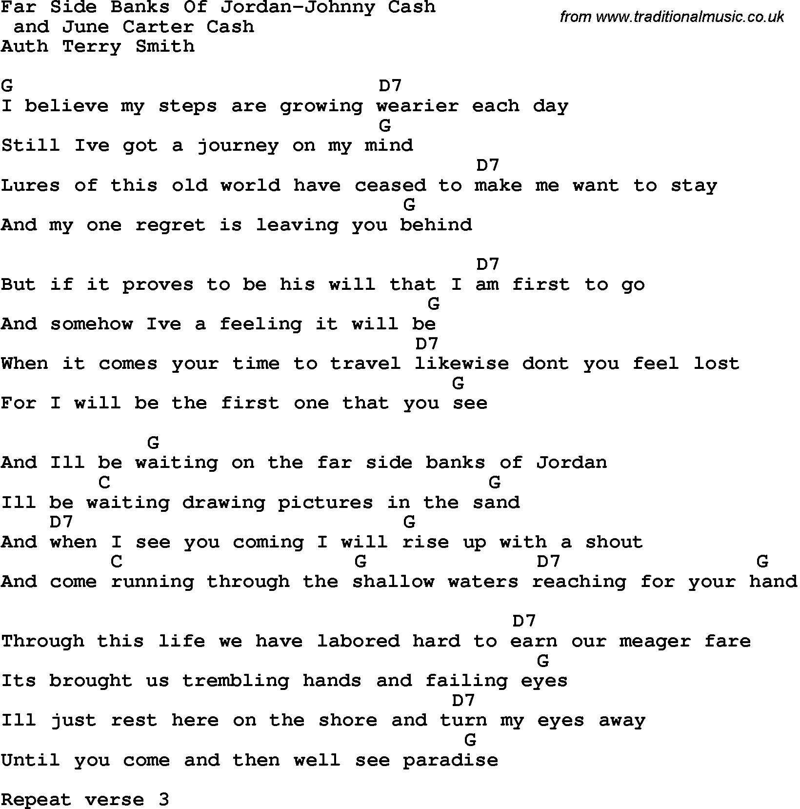 Country, Southern and Bluegrass Gospel Song Far Side Banks Of Jordan-Johnny Cash lyrics and chords
