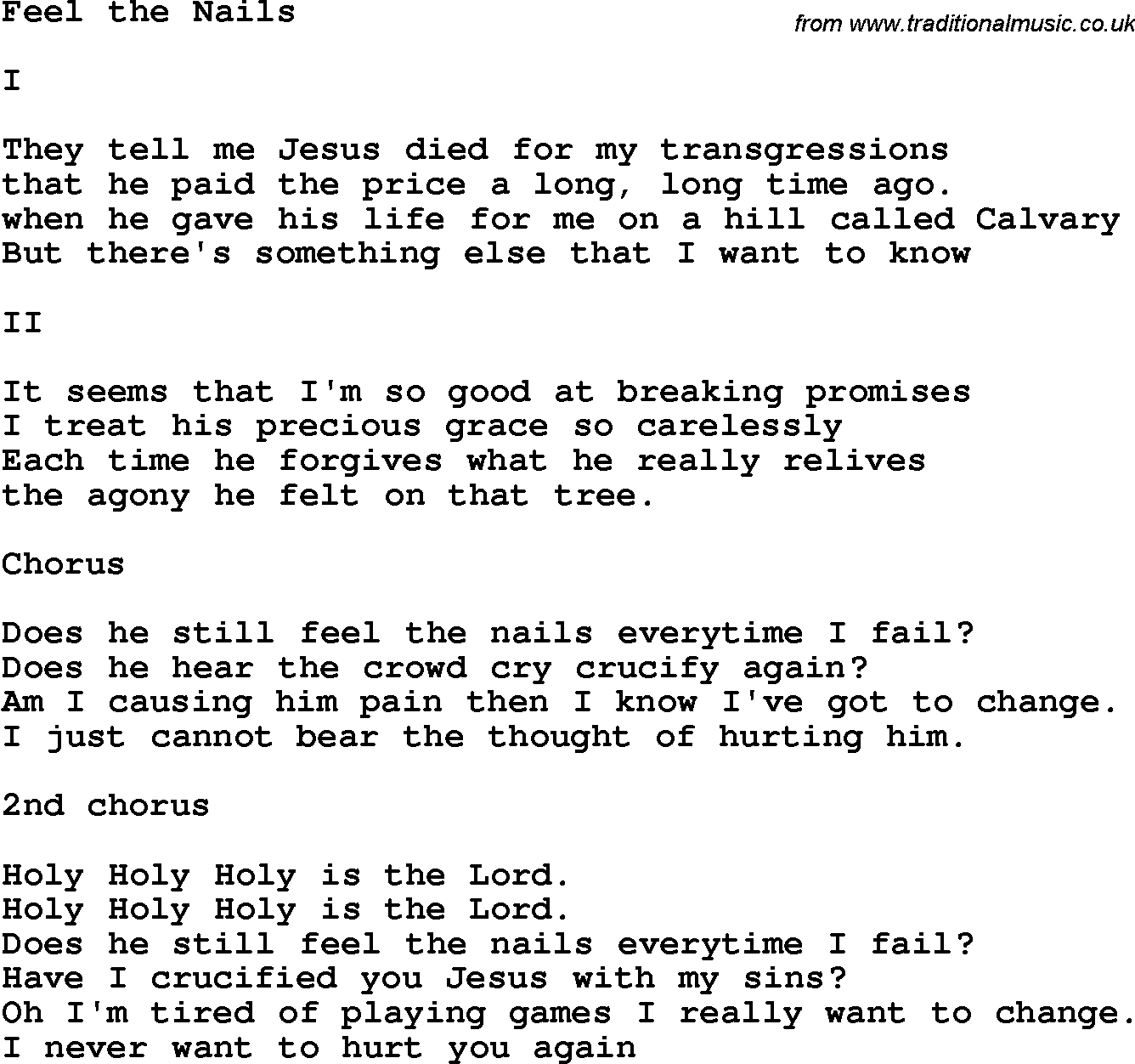 Country, Southern and Bluegrass Gospel Song Feel The Nails lyrics 