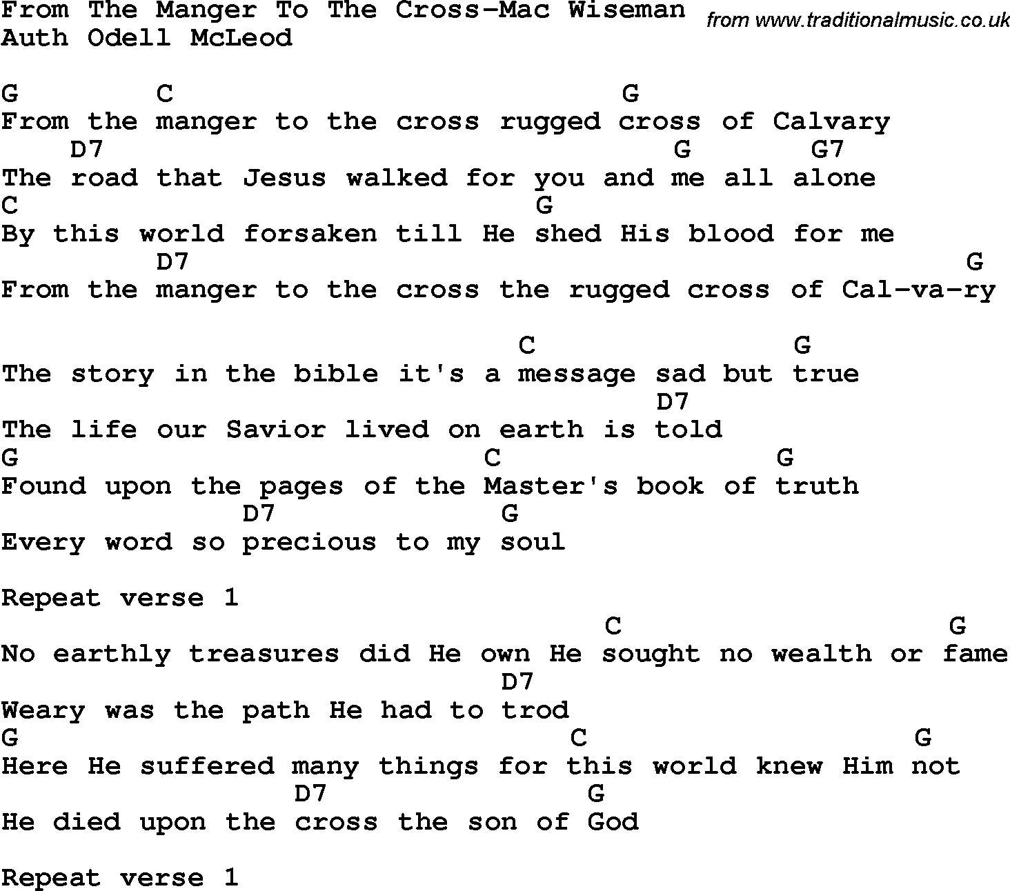 Country, Southern and Bluegrass Gospel Song From The Manger To The Cross-Mac Wiseman lyrics and chords
