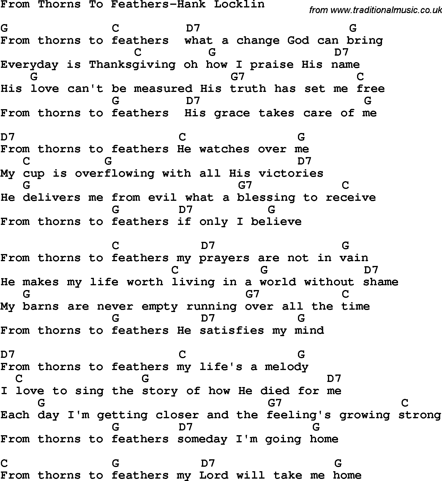 Country, Southern and Bluegrass Gospel Song From Thorns To Feathers-Hank Locklin lyrics and chords