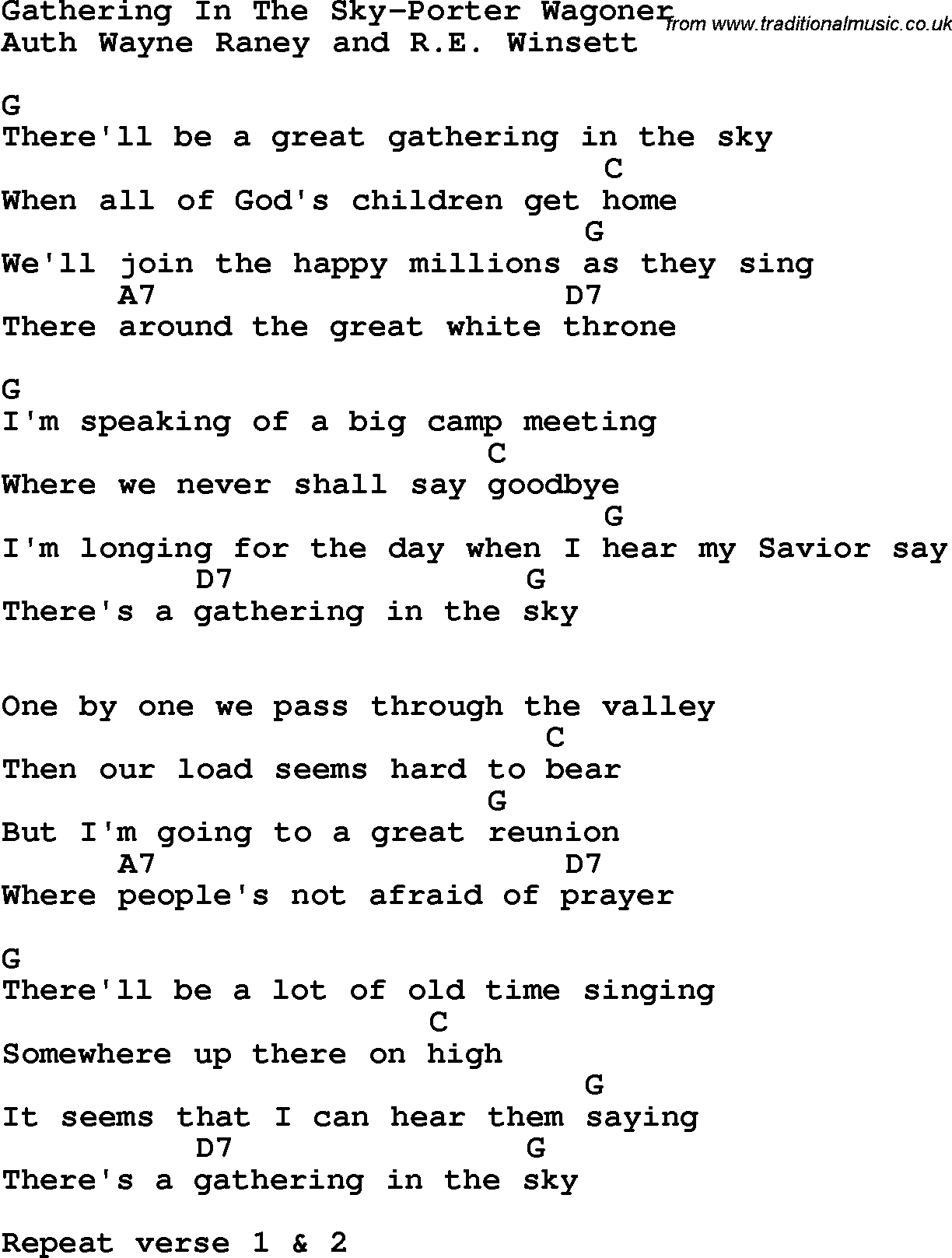 Country, Southern and Bluegrass Gospel Song Gathering In The Sky-Porter Wagoner lyrics and chords