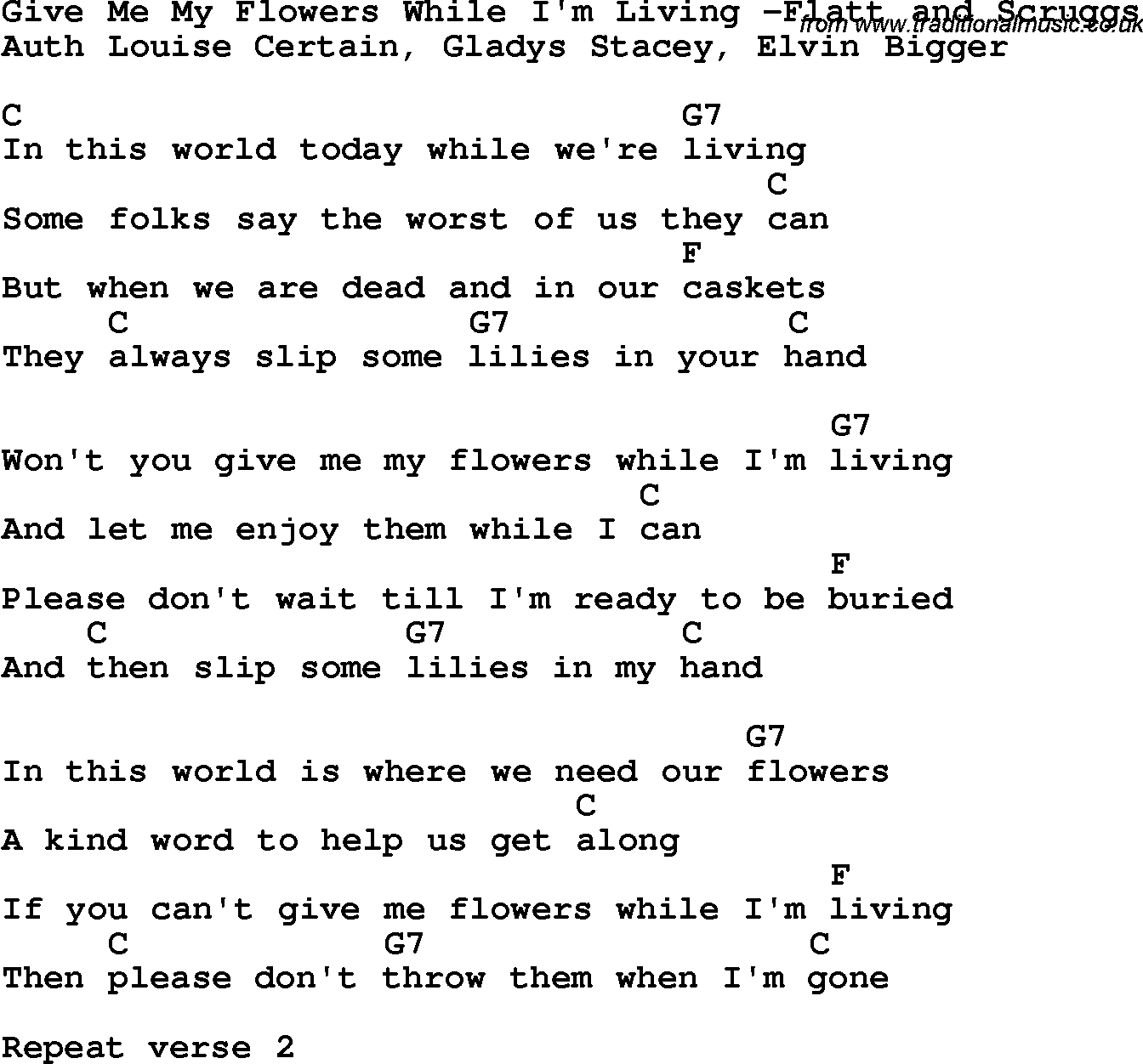 Country, Southern and Bluegrass Gospel Song Give Me My Flowers While I'm Living -Flatt and Scruggs lyrics and chords