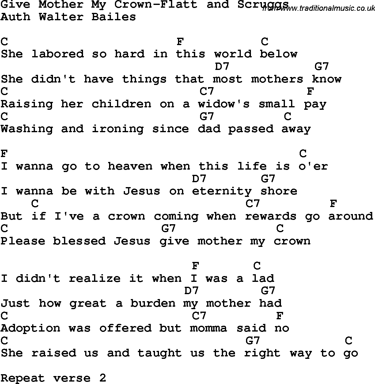 Country, Southern and Bluegrass Gospel Song Give Mother My Crown-Flatt and Scruggs lyrics and chords