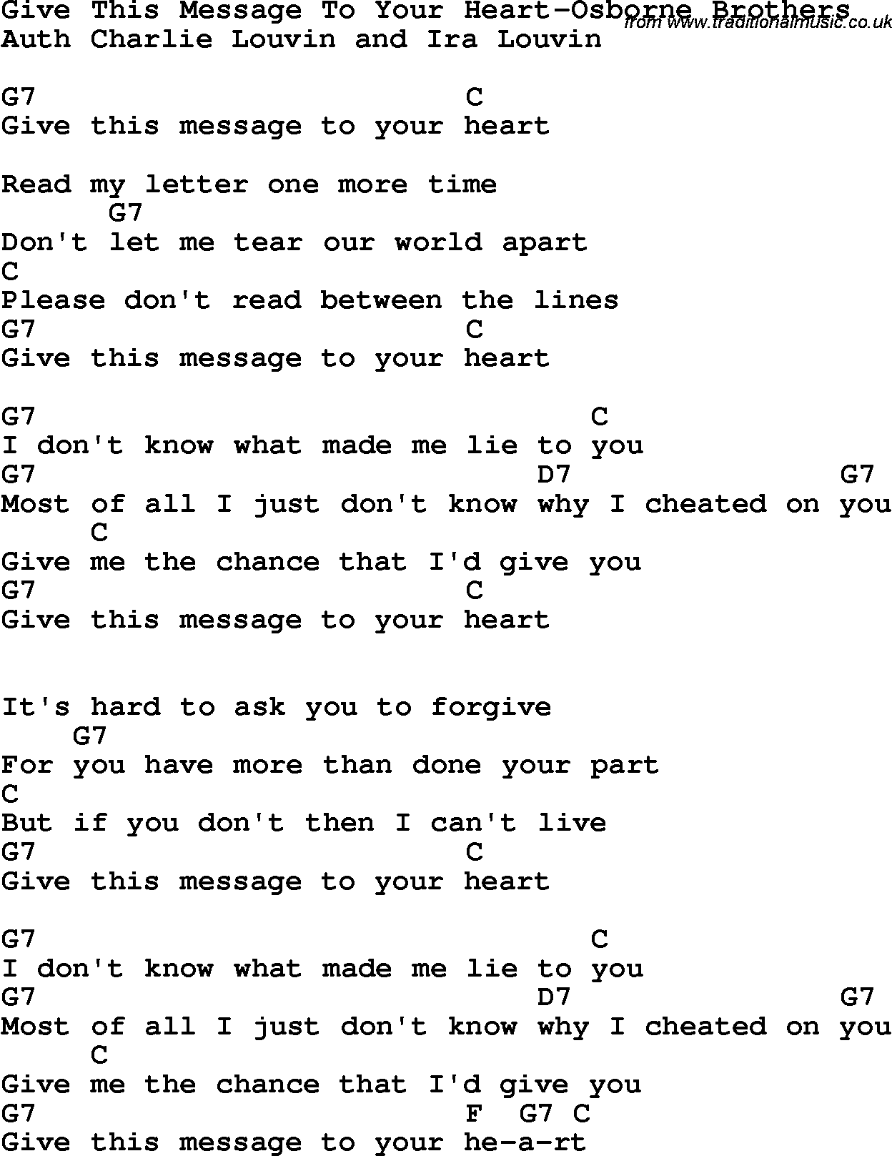 Country, Southern and Bluegrass Gospel Song Give This Message To Your Heart-Osborne Brothers lyrics and chords