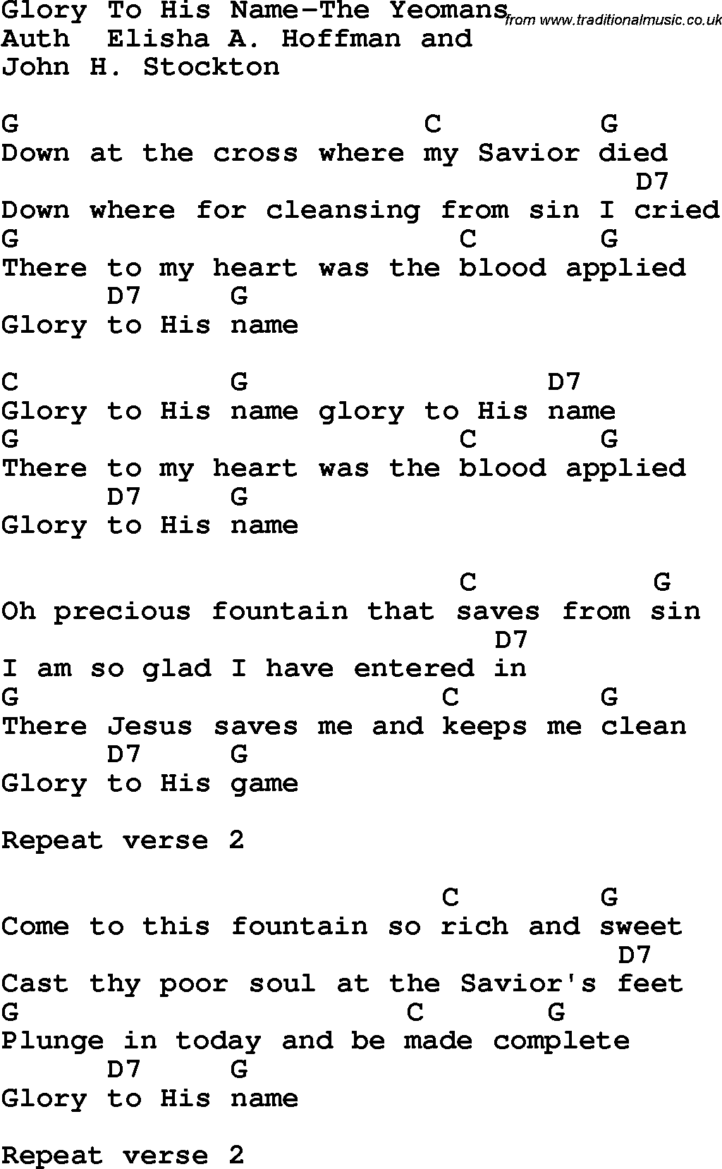 Country, Southern and Bluegrass Gospel Song Glory To His Name-The Yeomans lyrics and chords