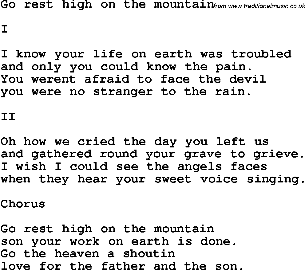 Country, Southern and Bluegrass Gospel Song Go Rest High On The Mountain lyrics 