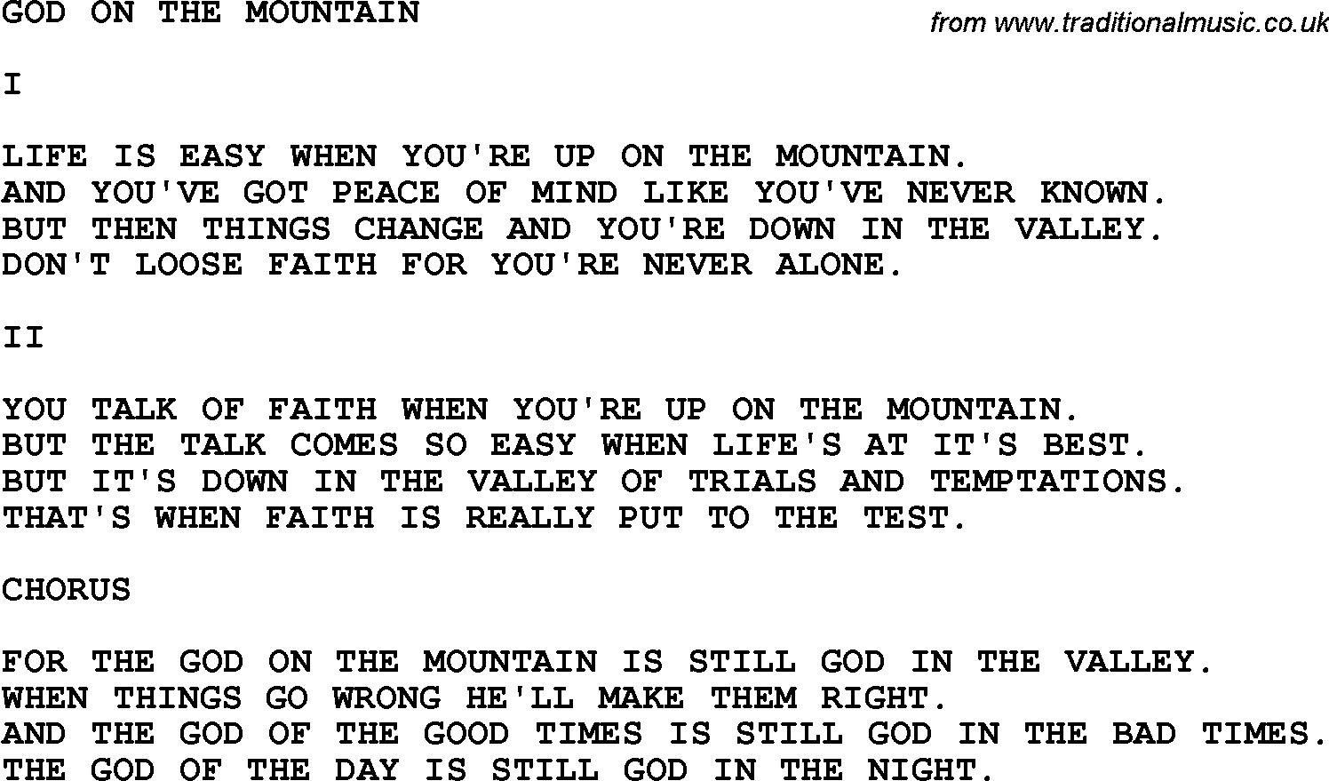Country, Southern and Bluegrass Gospel Song God On The Mountain lyrics 