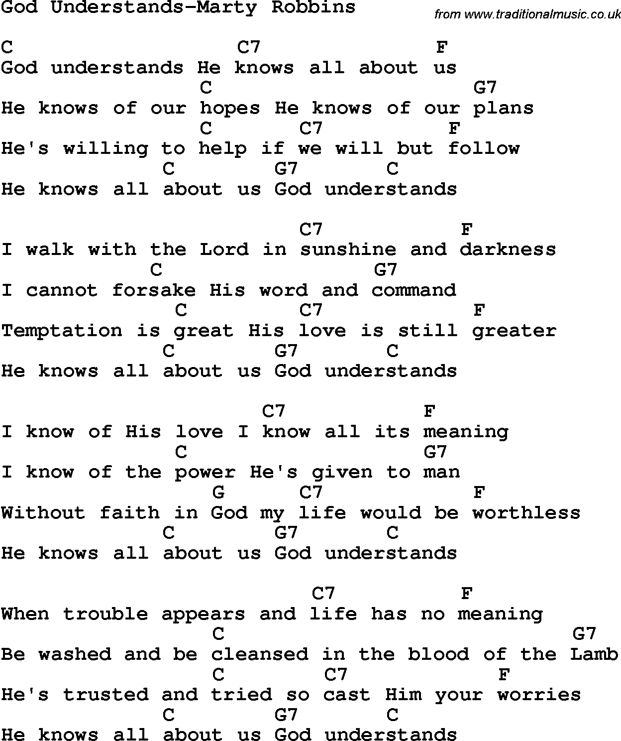 Country, Southern and Bluegrass Gospel Song God Understands-Marty Robbins lyrics and chords