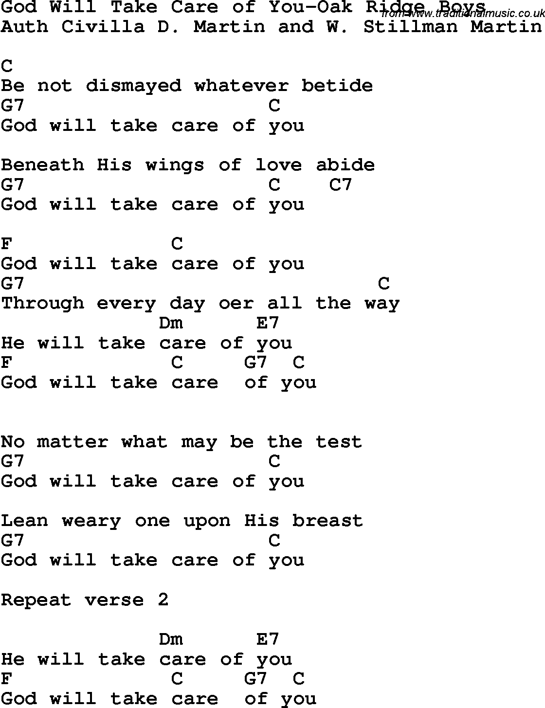 Country, Southern and Bluegrass Gospel Song God Will Take Care of You-Oak Ridge Boys lyrics and chords