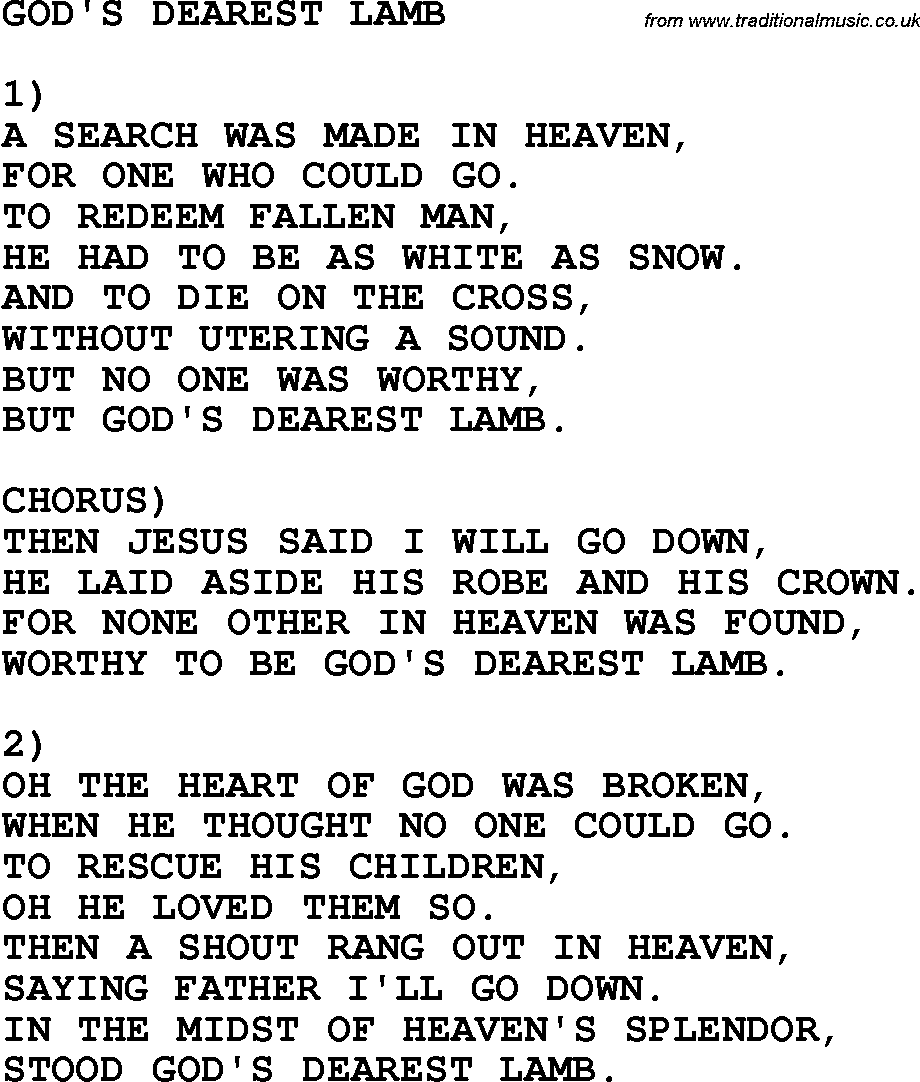 Country, Southern and Bluegrass Gospel Song God's Dearest Lamb lyrics 