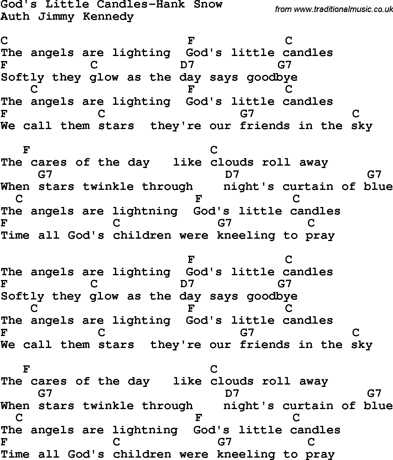 Country, Southern and Bluegrass Gospel Song God's Little Candles-Hank Snow lyrics and chords