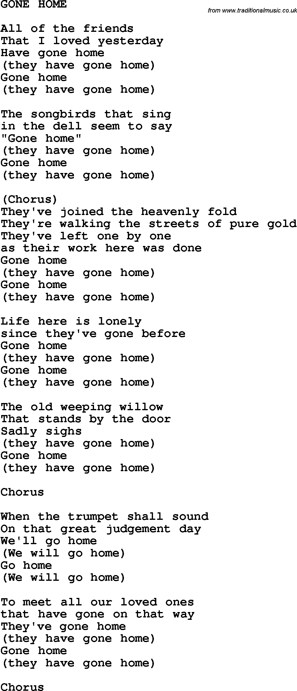 Country, Southern and Bluegrass Gospel Song Gone Home lyrics 