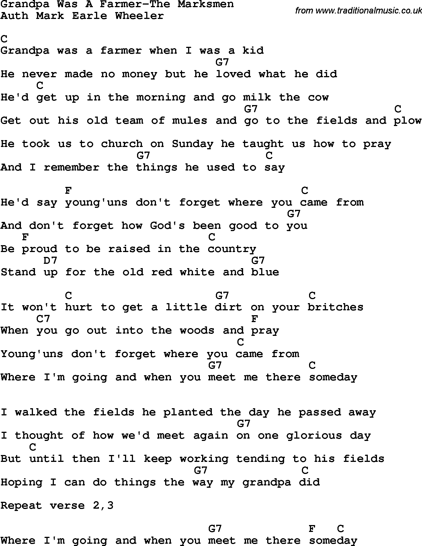 Country, Southern and Bluegrass Gospel Song Grandpa Was A Farmer-The Marksmen lyrics and chords