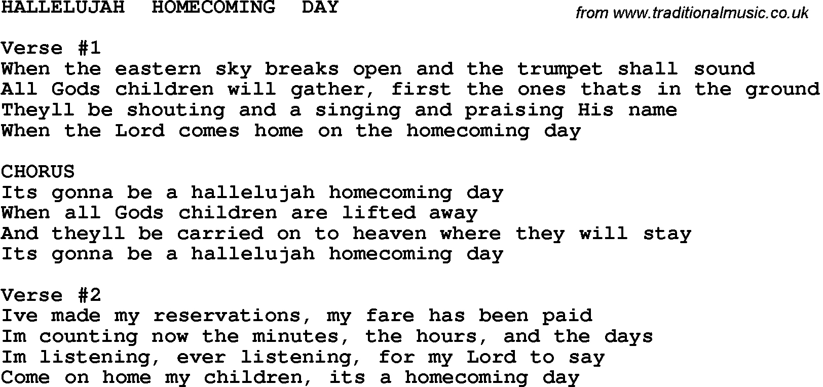 Country, Southern and Bluegrass Gospel Song Hallelujah  Homecoming  Day lyrics 