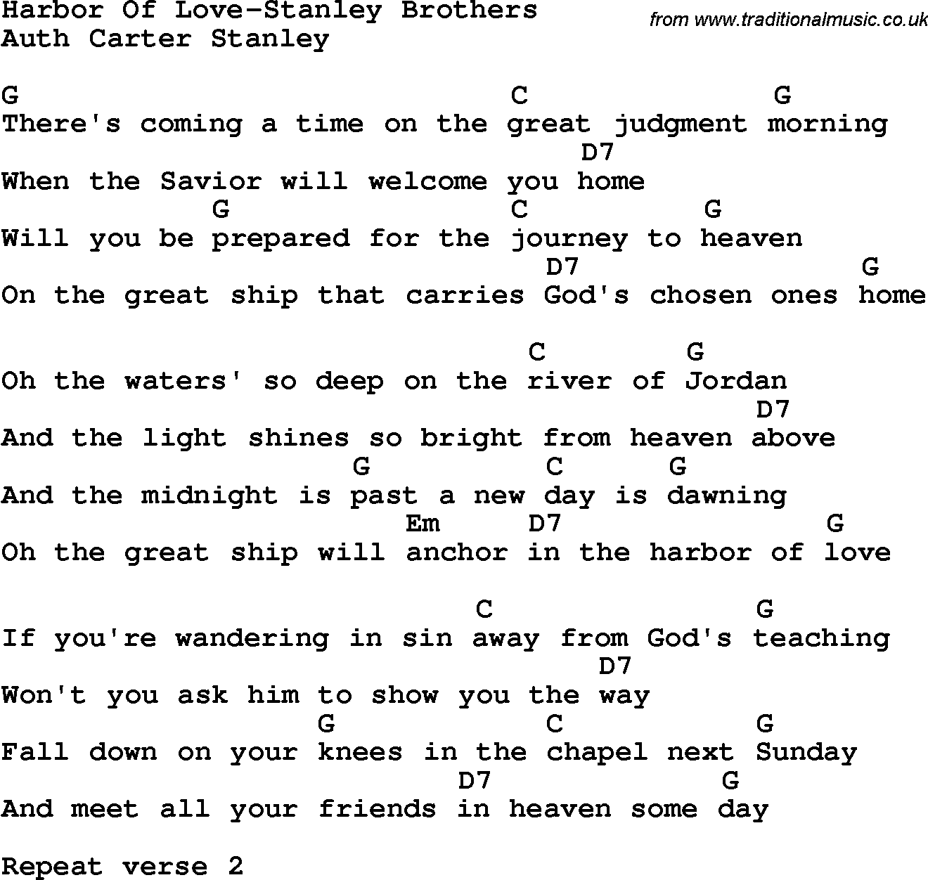 Country, Southern and Bluegrass Gospel Song Harbor Of Love-Stanley Brothers lyrics and chords