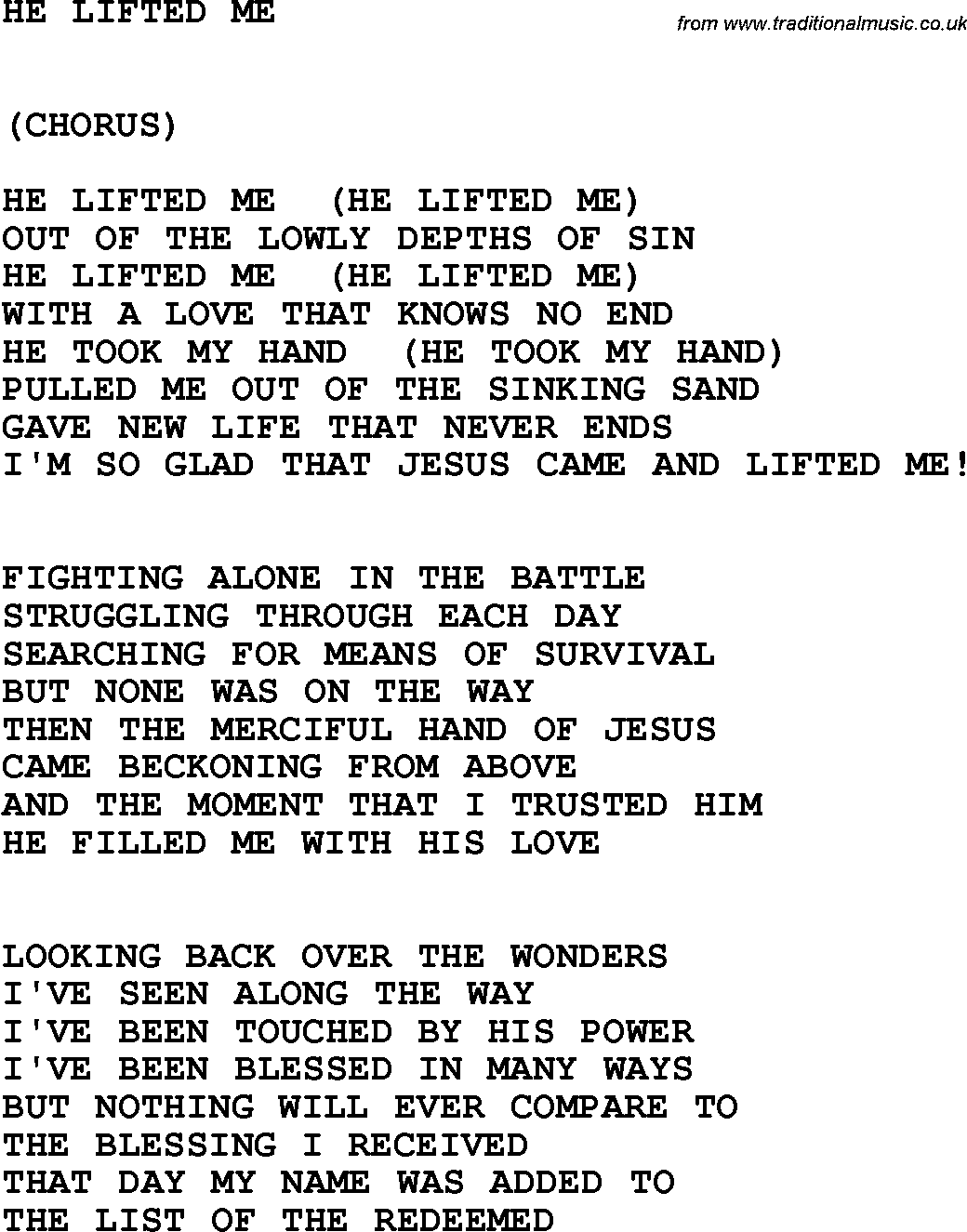 Country, Southern and Bluegrass Gospel Song He Lifted Me lyrics 